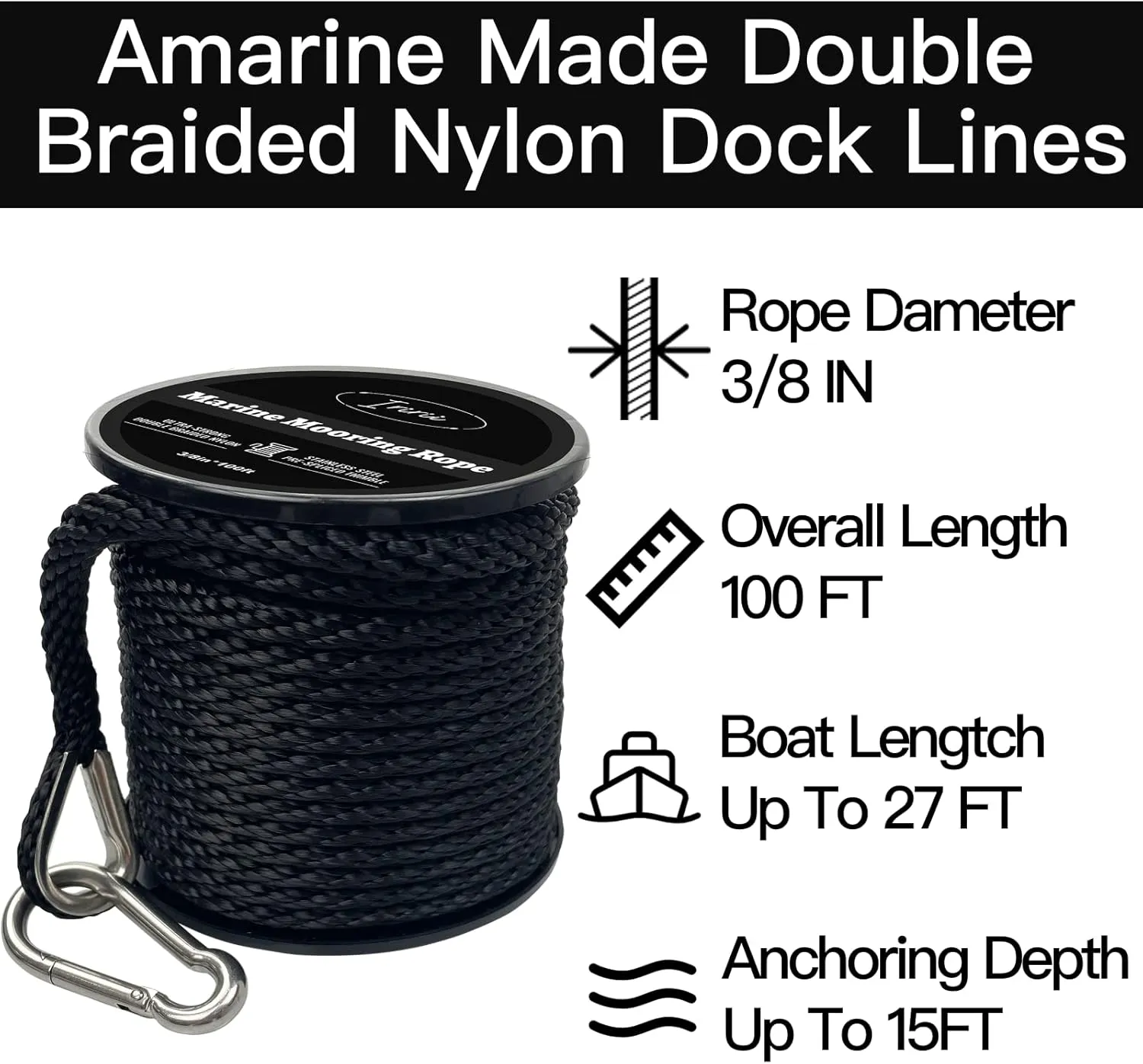 100 FT Double Braided Nylon Boat Anchor Rope 3/8inch with 316 Stainless Steel Thimble and Heavy Duty Snap Hook Marine Grade Anchor line Black