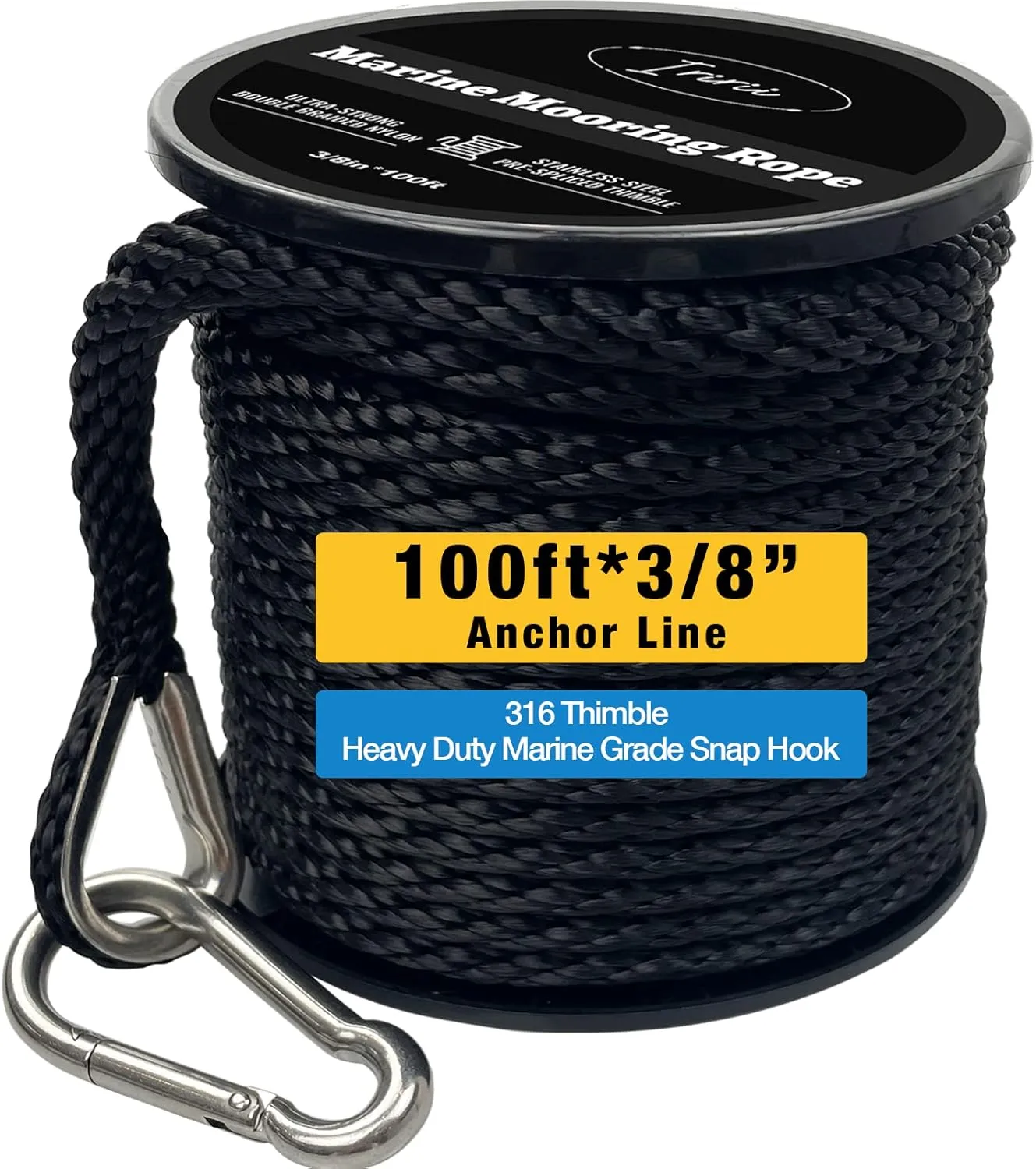 100 FT Double Braided Nylon Boat Anchor Rope 3/8inch with 316 Stainless Steel Thimble and Heavy Duty Snap Hook Marine Grade Anchor line Black