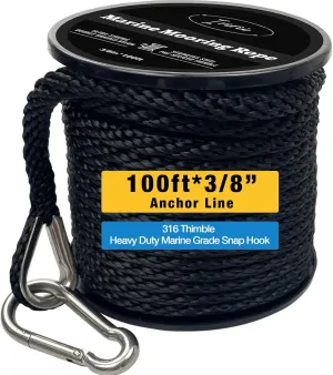 100 FT Double Braided Nylon Boat Anchor Rope 3/8inch with 316 Stainless Steel Thimble and Heavy Duty Snap Hook Marine Grade Anchor line Black