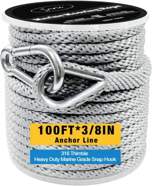 100 FT Double Braided Nylon Boat Anchor Rope 3/8inch with 316 Stainless Steel Thimble and Heavy Duty Snap Hook Marine Grade Anchor line (Grey)