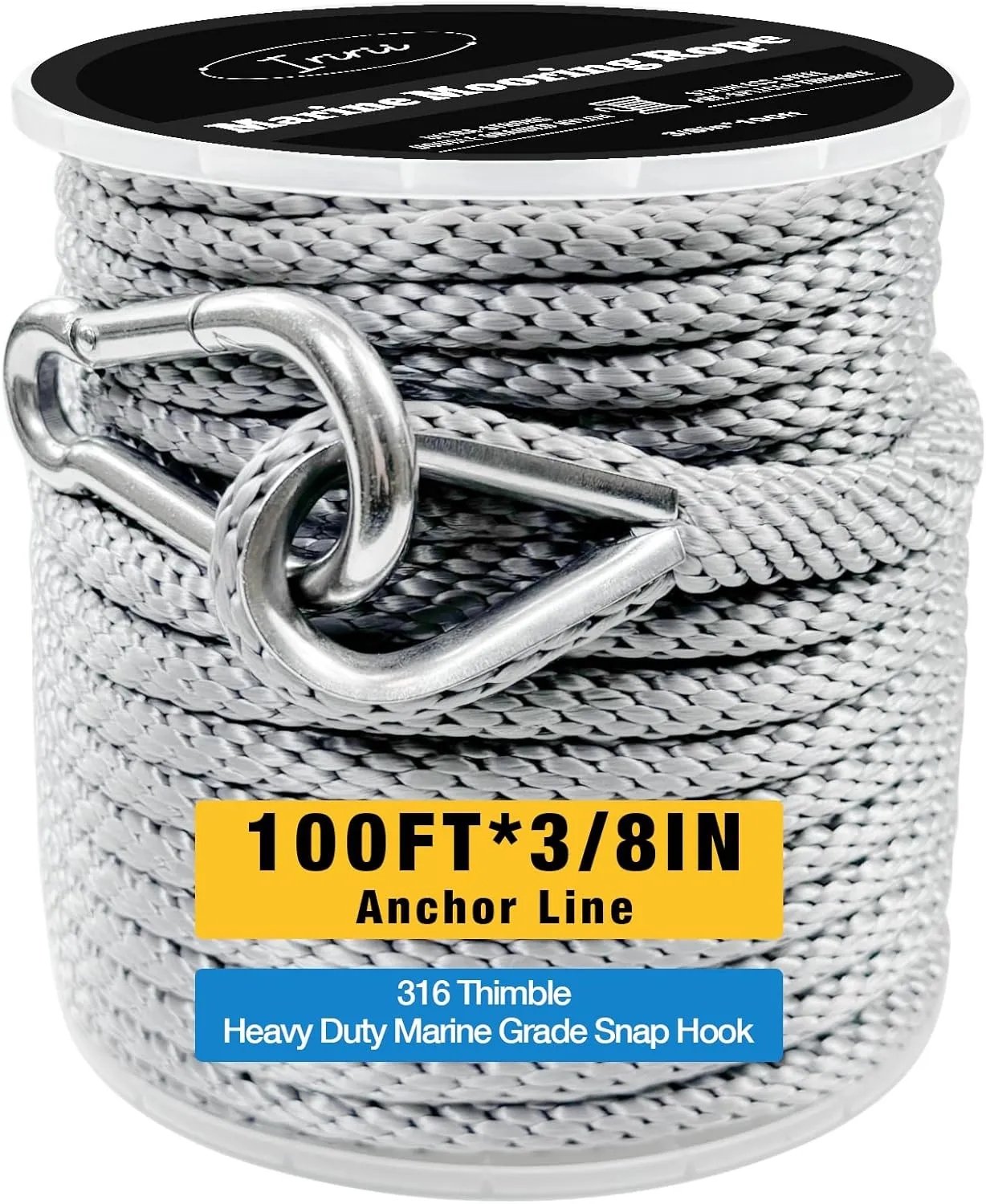100 FT Double Braided Nylon Boat Anchor Rope 3/8inch with 316 Stainless Steel Thimble and Heavy Duty Snap Hook Marine Grade Anchor line (Grey)