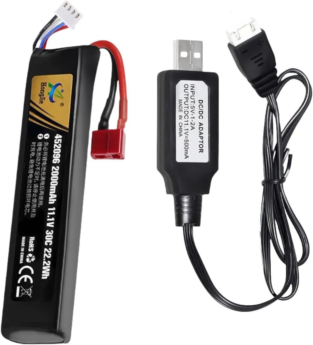 11.1V 2000mAh 452096 30C for Soft Gun Toy,Electric Soft Gun,Water Gun Toys,Airplane Toys,FPV UAV Remote,RC Cars,RC Boat,RC Truck Rechargeable Li-Ion Battery T Connector and USB