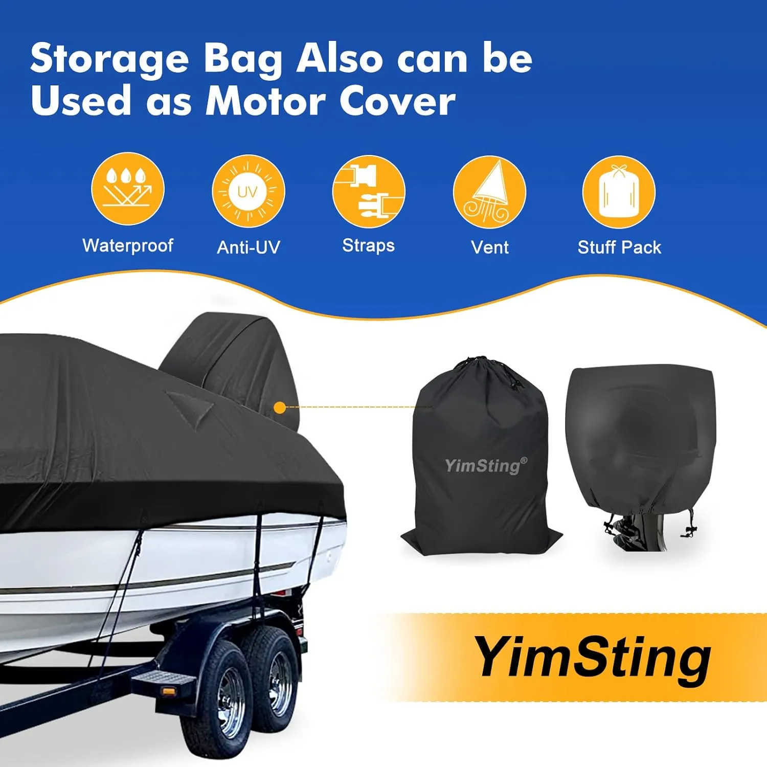 1200D Waterproof Boat Cover - Fits 16' to 18.5' ft Bass, V-Hull, Tri-Hull, Fish & Ski, Runabout Bowrider Boats - Heavy Duty Canvas Black