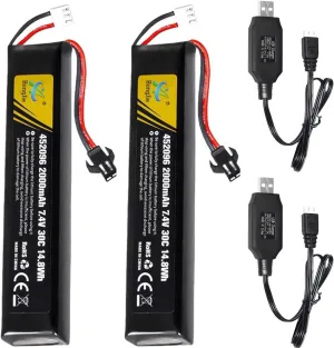 2 Pack 7.4V 2000mAh 452096 30C for Soft Gun Toy,Electric Soft Gun,Water Gun Toys,Airplane Toys,FPV UAV Remote,RC Cars,RC Boat,RC Truck Rechargeable Li-ion Battery SM-2P Joint with USB Charging