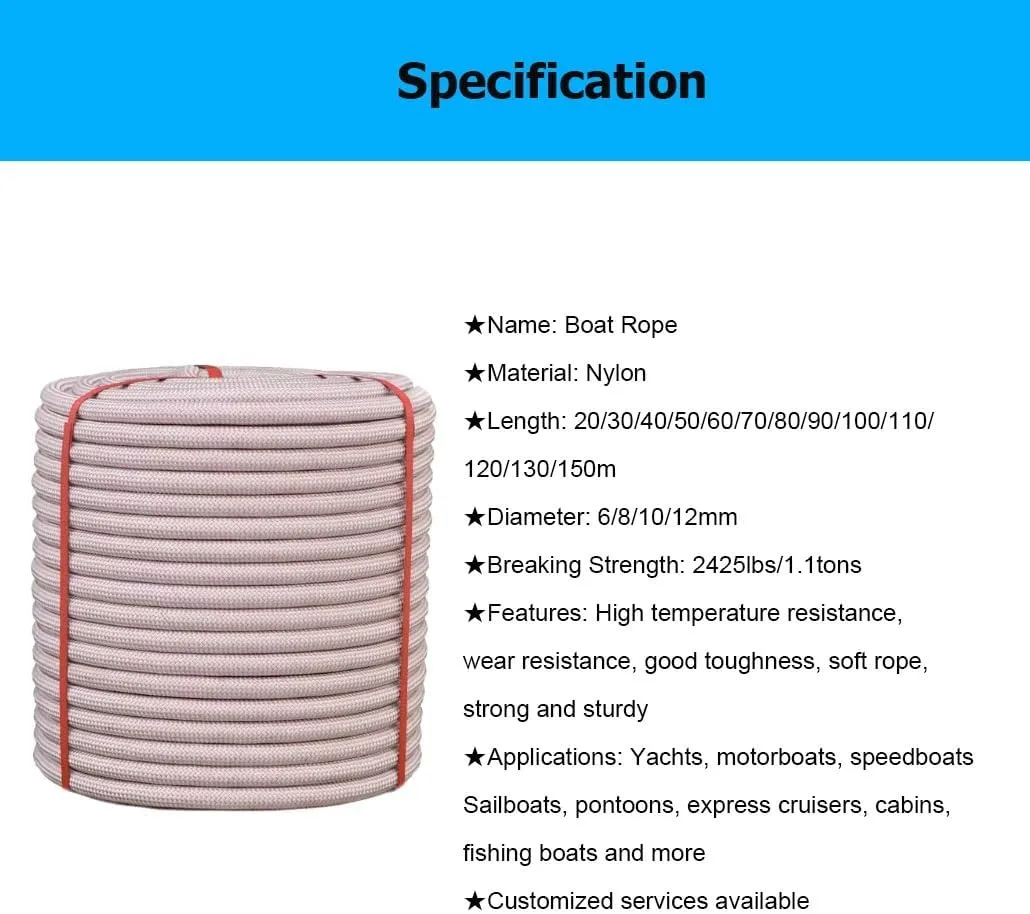 20-150 M Multi-use Braided Nylon Dock Lines, 6/8/10/12 mm Color-Changing Boat Rope for Kayak Canoe Pontoon Camping & Hiking(6mm,50m)