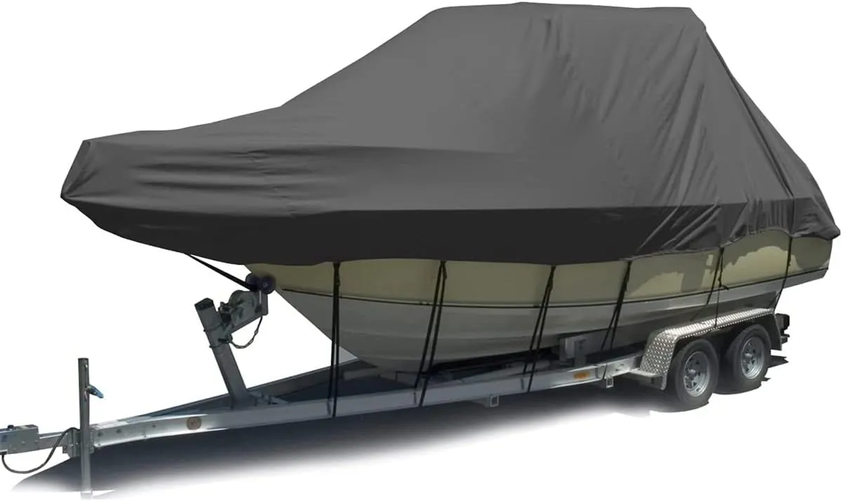 25-27 Ft Heavy Duty 420D Oxford Boat Cover Waterproof Anti UV Sun Dusoof and Tear Proof All Weather Outdoor Protection for Marine Trailerable with StrapTightening System fits V-Hull (Black)