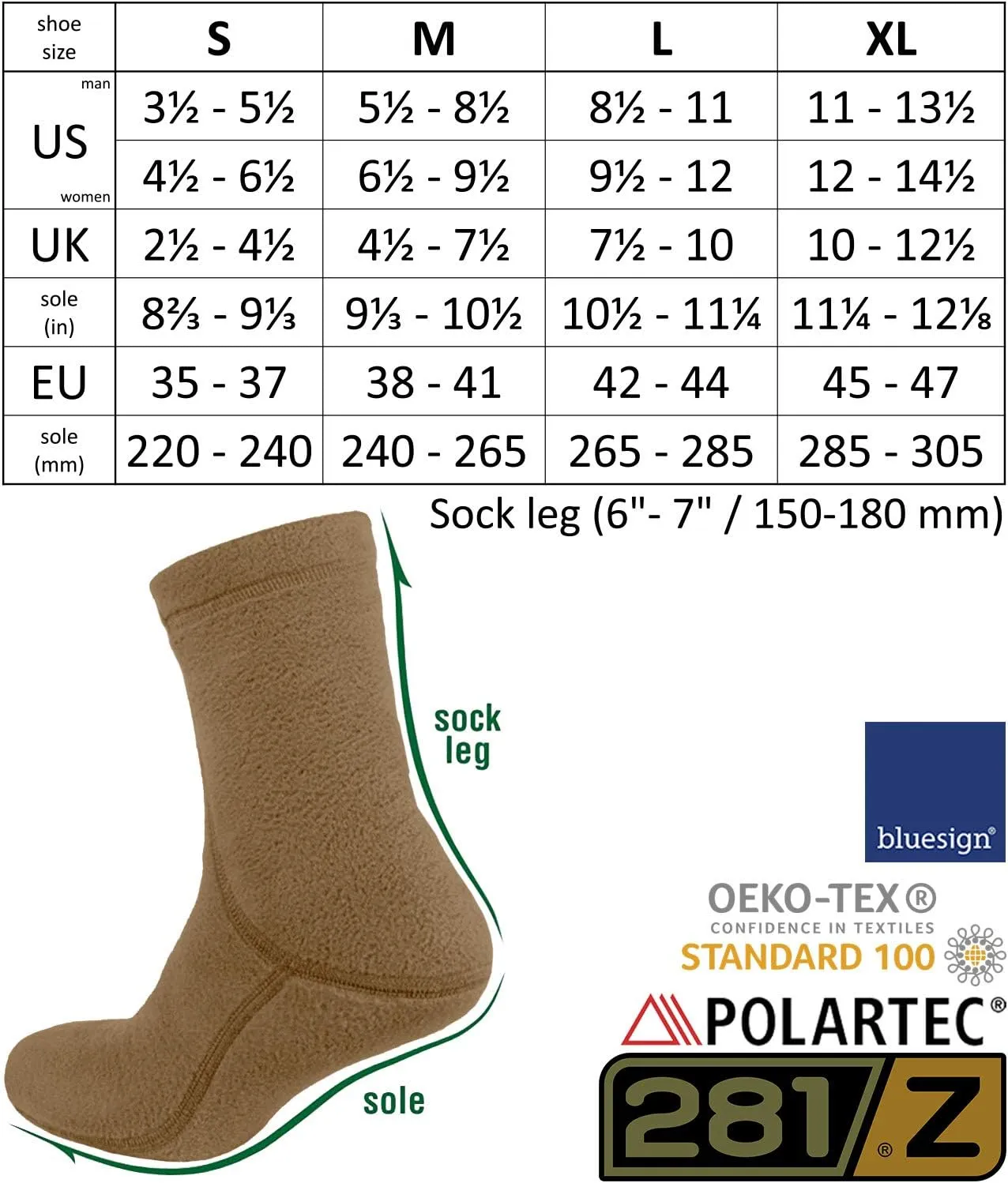281Z Hiking Warm 6 inch Boot Liner Socks - Military Tactical Outdoor Sport - Polartec Fleece Winter Socks