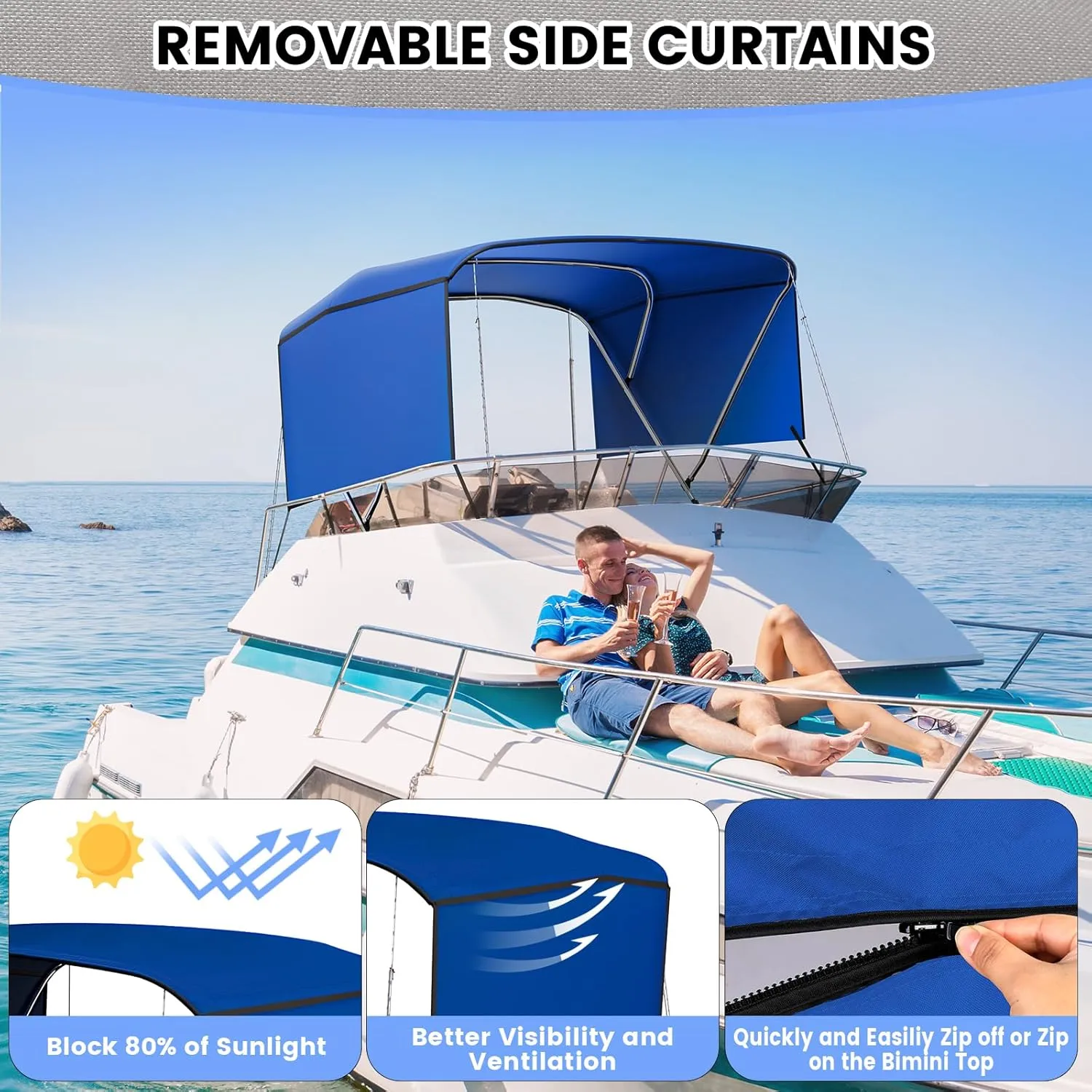 3 Bow Bimini Top Cover for Boat, 6' L x 46" H x 54"-60" W Boat Canopy with 1 Inch Aluminum Frame, Durable Marine Grade Canvas, Includes 2 Removable Side Curtains, 4 Adjustable Windproof Ropes