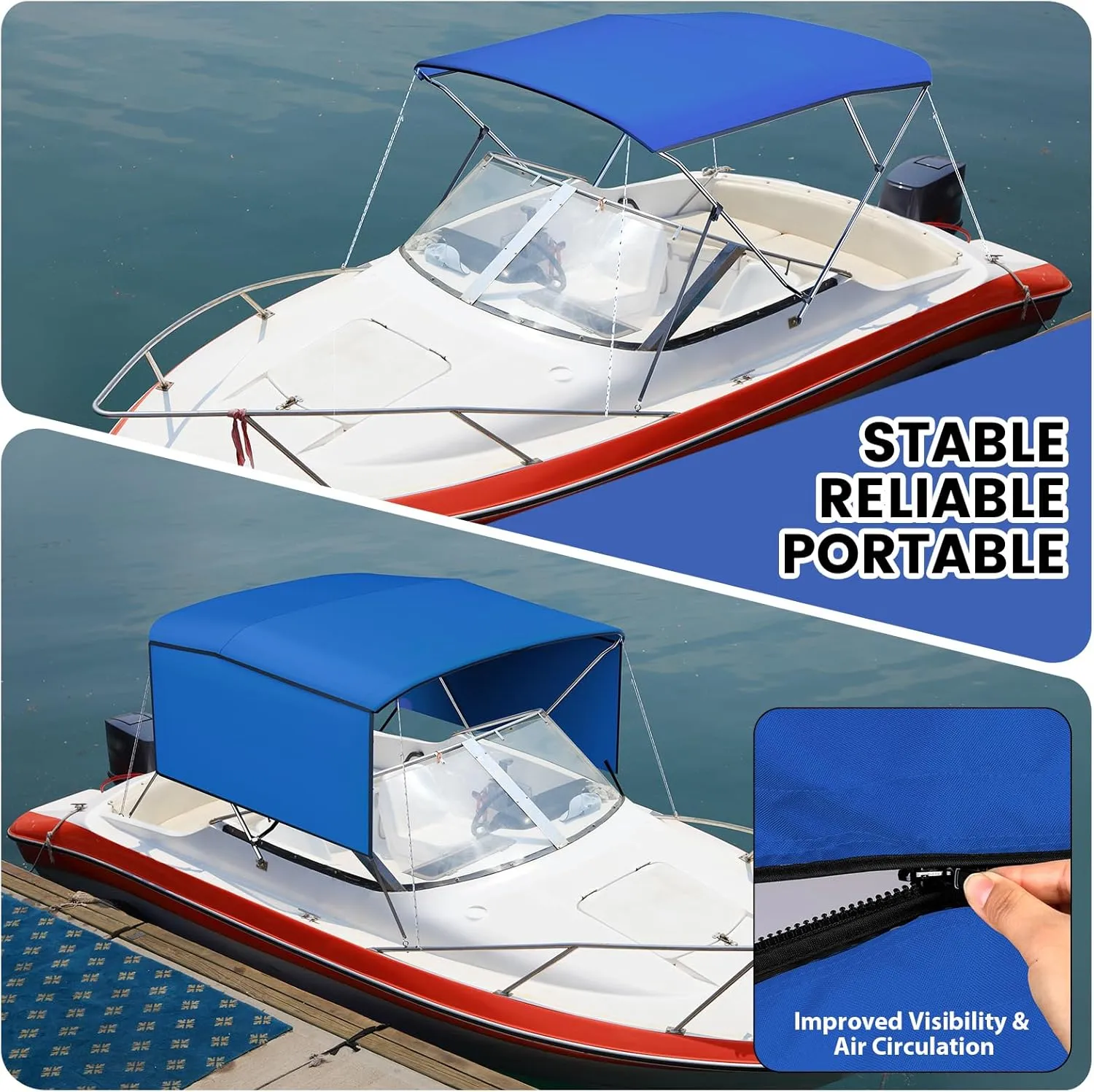 3 Bow Bimini Top Cover for Boat, 6' L x 46" H x 54"-60" W Boat Canopy with 1 Inch Aluminum Frame, Durable Marine Grade Canvas, Includes 2 Removable Side Curtains, 4 Adjustable Windproof Ropes