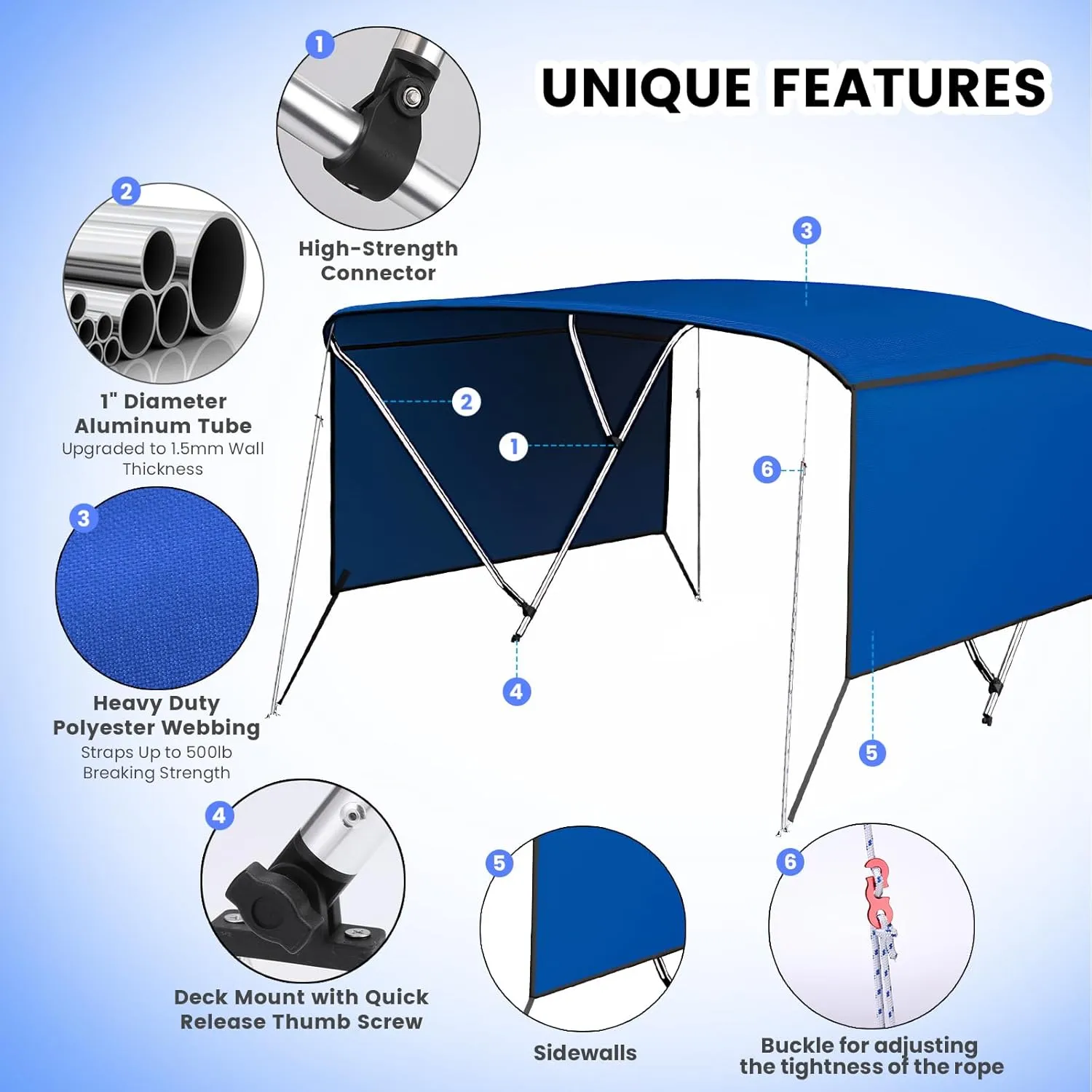3 Bow Bimini Top Cover for Boat, 6' L x 46" H x 54"-60" W Boat Canopy with 1 Inch Aluminum Frame, Durable Marine Grade Canvas, Includes 2 Removable Side Curtains, 4 Adjustable Windproof Ropes