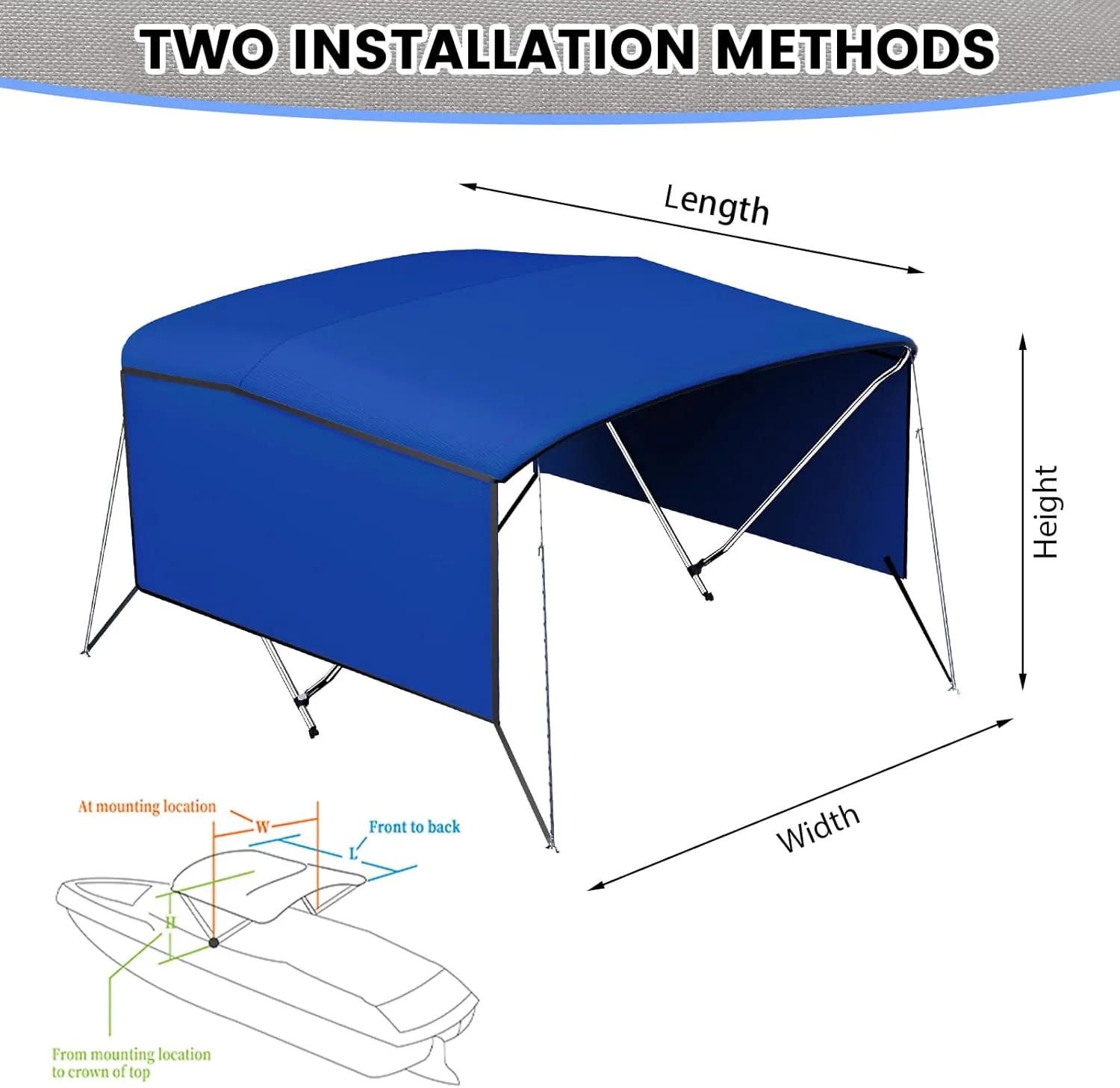 3 Bow Bimini Top Cover for Boat, 6' L x 46" H x 54"-60" W Boat Canopy with 1 Inch Aluminum Frame, Durable Marine Grade Canvas, Includes 2 Removable Side Curtains, 4 Adjustable Windproof Ropes