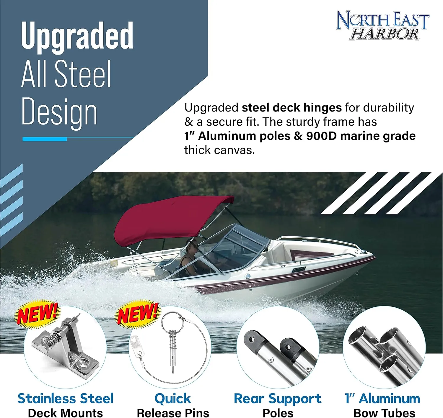 3 Bow Bimini Tops for Boats, Fadeproof, Support Poles, Storage Boot, 900D Marine Canvas, Sun Shade Boat Canopy, Universal Boat Cover for Pontoon, V-Hull, Fishing, Bass Boat 67-72", Burgundy