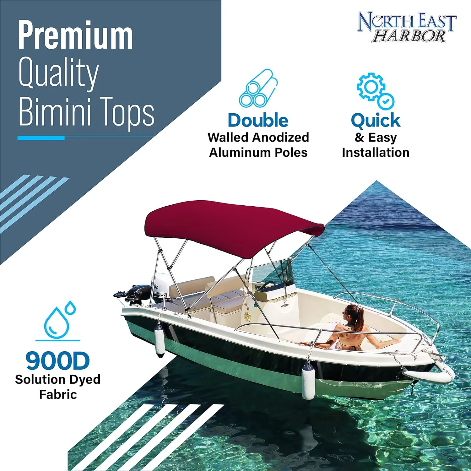 3 Bow Bimini Tops for Boats, Fadeproof, Support Poles, Storage Boot, 900D Marine Canvas, Sun Shade Boat Canopy, Universal Boat Cover for Pontoon, V-Hull, Fishing, Bass Boat 67-72", Burgundy