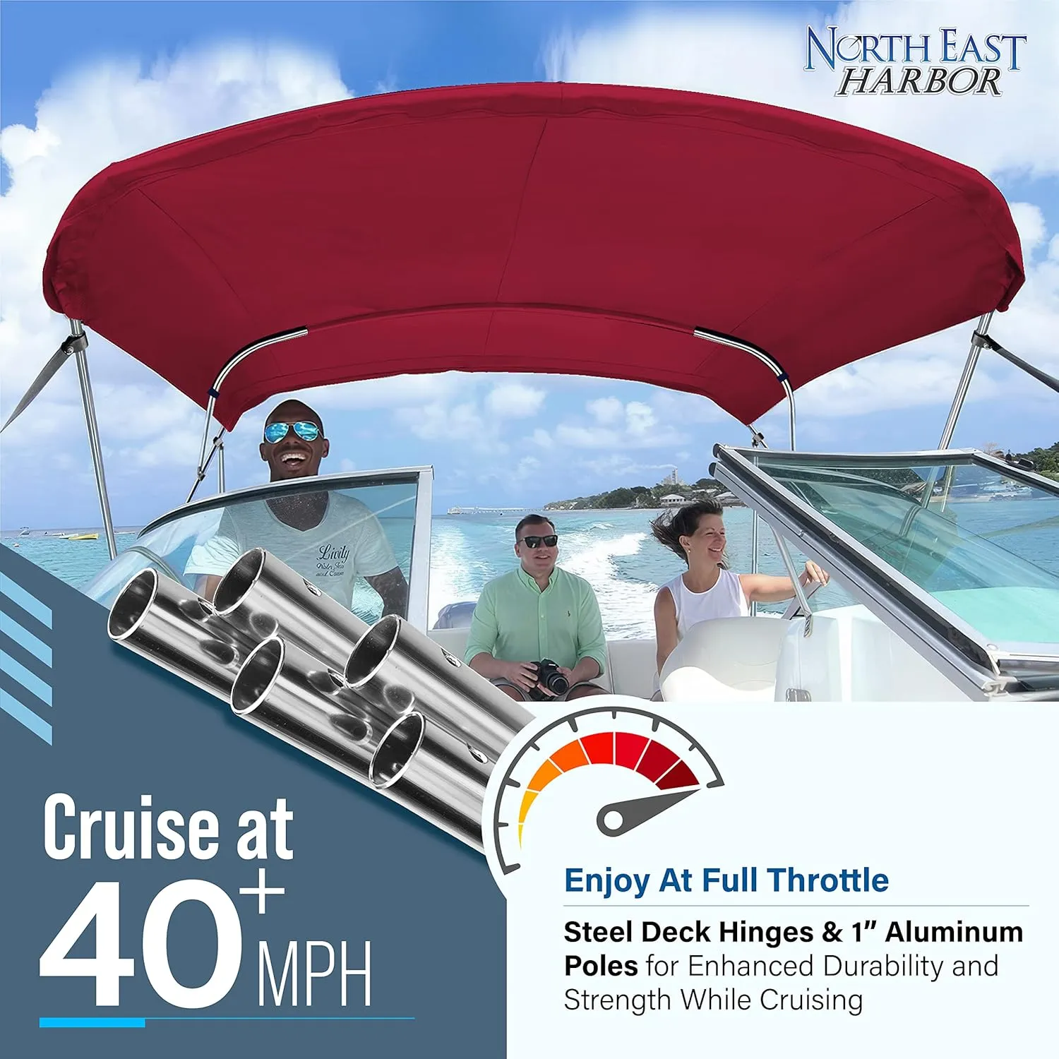 3 Bow Bimini Tops for Boats, Fadeproof, Support Poles, Storage Boot, 900D Marine Canvas, Sun Shade Boat Canopy, Universal Boat Cover for Pontoon, V-Hull, Fishing, Bass Boat 67-72", Burgundy