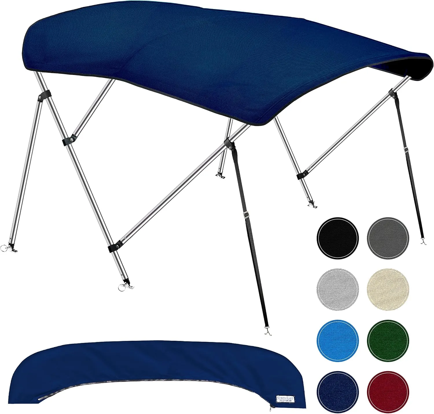 3 Bow Bimini Tops for Boats, Fadeproof, Support Poles, Storage Boot, 900D Marine Canvas, Sun Shade Boat Canopy, Universal Boat Cover for Pontoon, V-Hull, Fishing, Bass Boat 73-78", Navy Blue