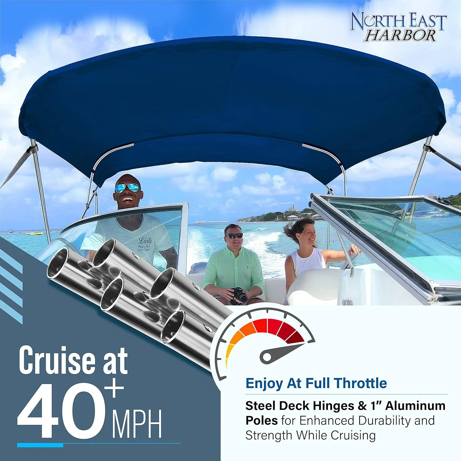 3 Bow Bimini Tops for Boats, Fadeproof, Support Poles, Storage Boot, 900D Marine Canvas, Sun Shade Boat Canopy, Universal Boat Cover for Pontoon, V-Hull, Fishing, Bass Boat 73-78", Navy Blue