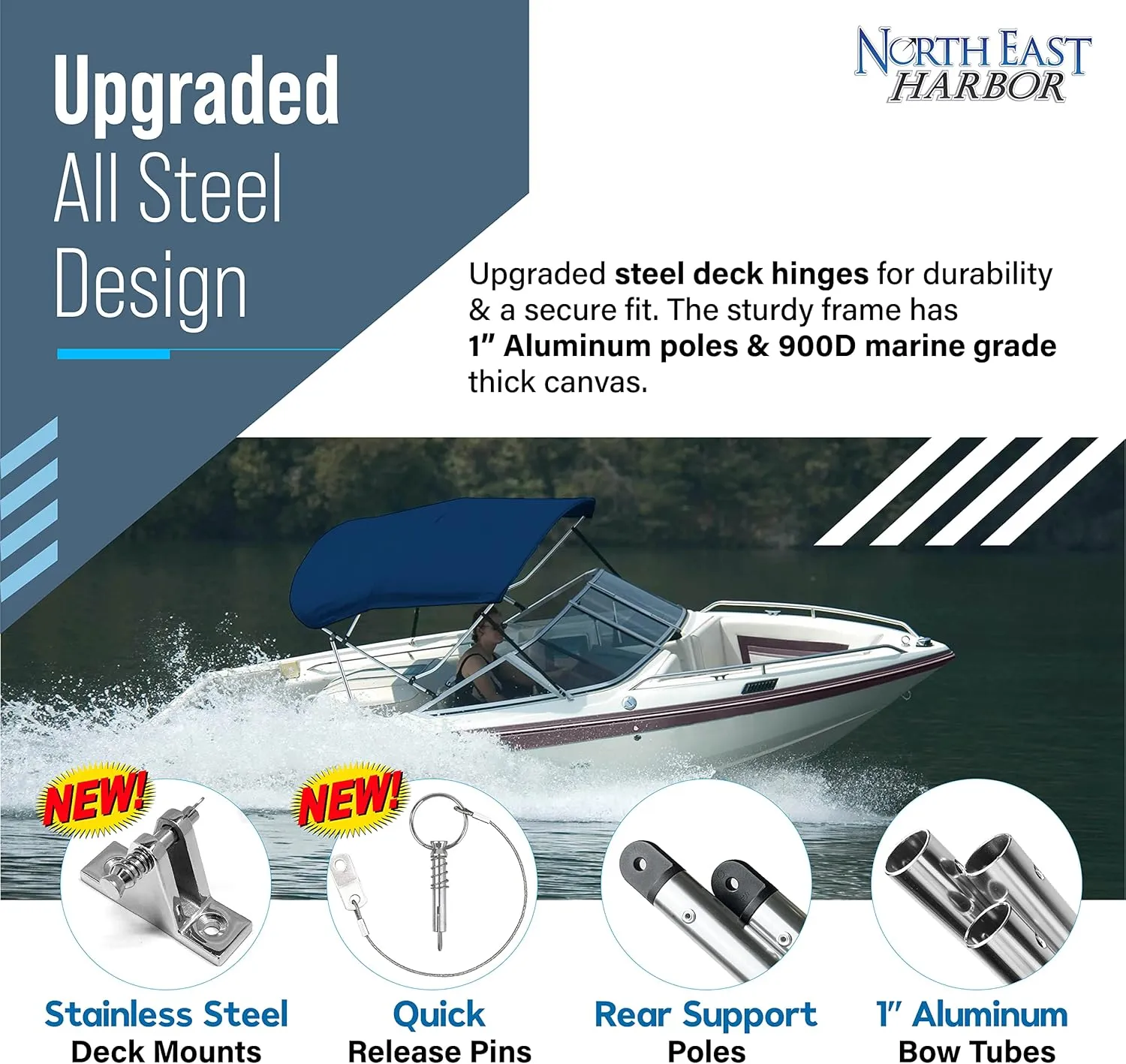 3 Bow Bimini Tops for Boats, Fadeproof, Support Poles, Storage Boot, 900D Marine Canvas, Sun Shade Boat Canopy, Universal Boat Cover for Pontoon, V-Hull, Fishing, Bass Boat 73-78", Navy Blue