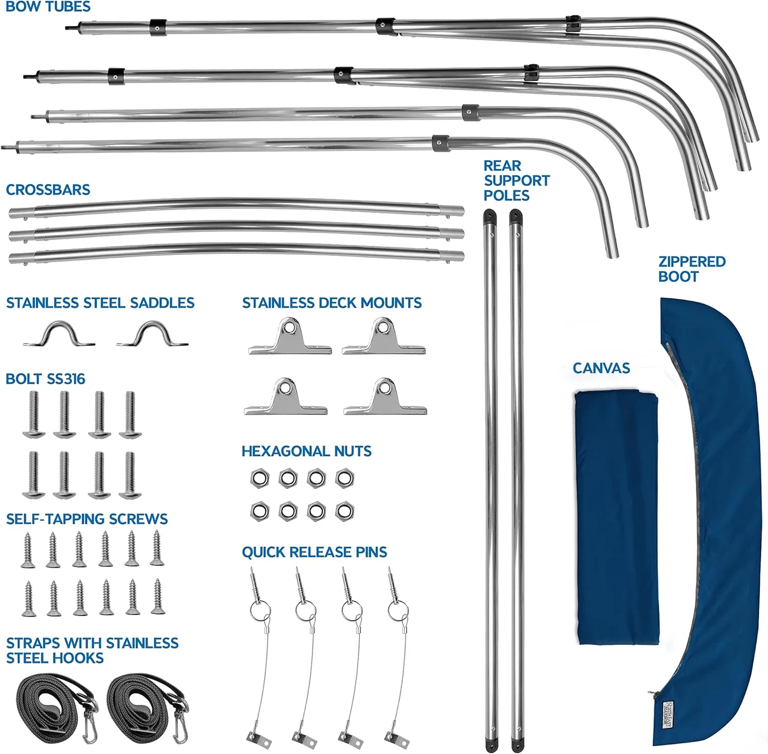 3 Bow Bimini Tops for Boats, Fadeproof, Support Poles, Storage Boot, 900D Marine Canvas, Sun Shade Boat Canopy, Universal Boat Cover for Pontoon, V-Hull, Fishing, Bass Boat 73-78", Navy Blue