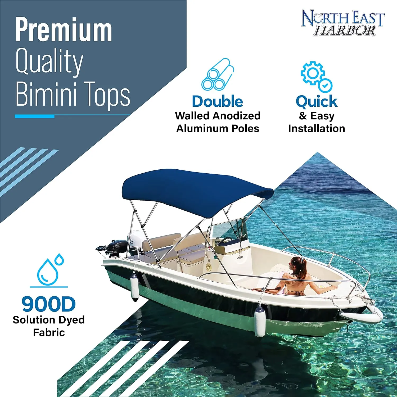 3 Bow Bimini Tops for Boats, Fadeproof, Support Poles, Storage Boot, 900D Marine Canvas, Sun Shade Boat Canopy, Universal Boat Cover for Pontoon, V-Hull, Fishing, Bass Boat 73-78", Navy Blue