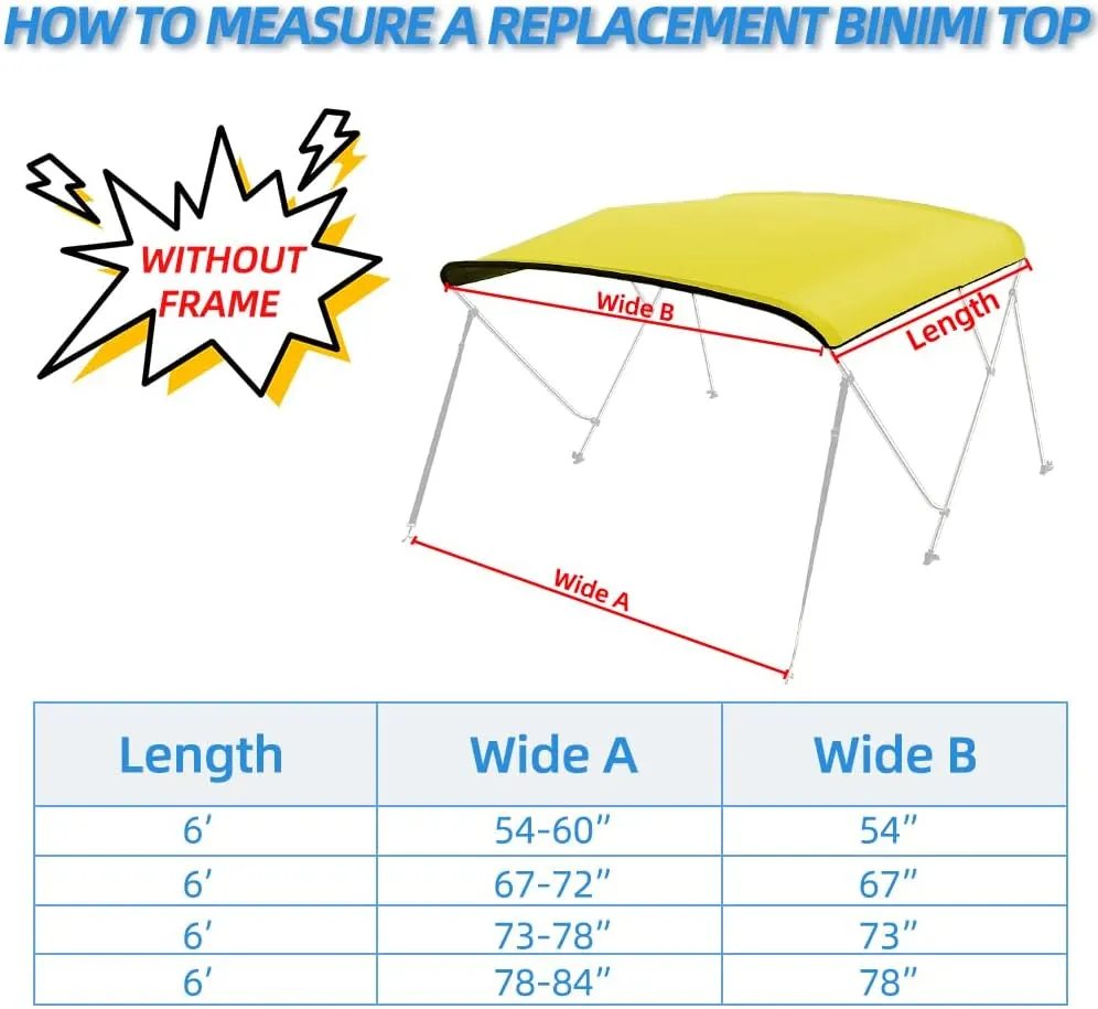3 Bow Fade and Crack Resistant Bimini Top Replacement Cover，600D Marine Grade Polyester Waterproof Sun Shade Boat Canopy，Easy Install Zipper Sleeves Boat Awning,Yellow 6'L 73"-78" W