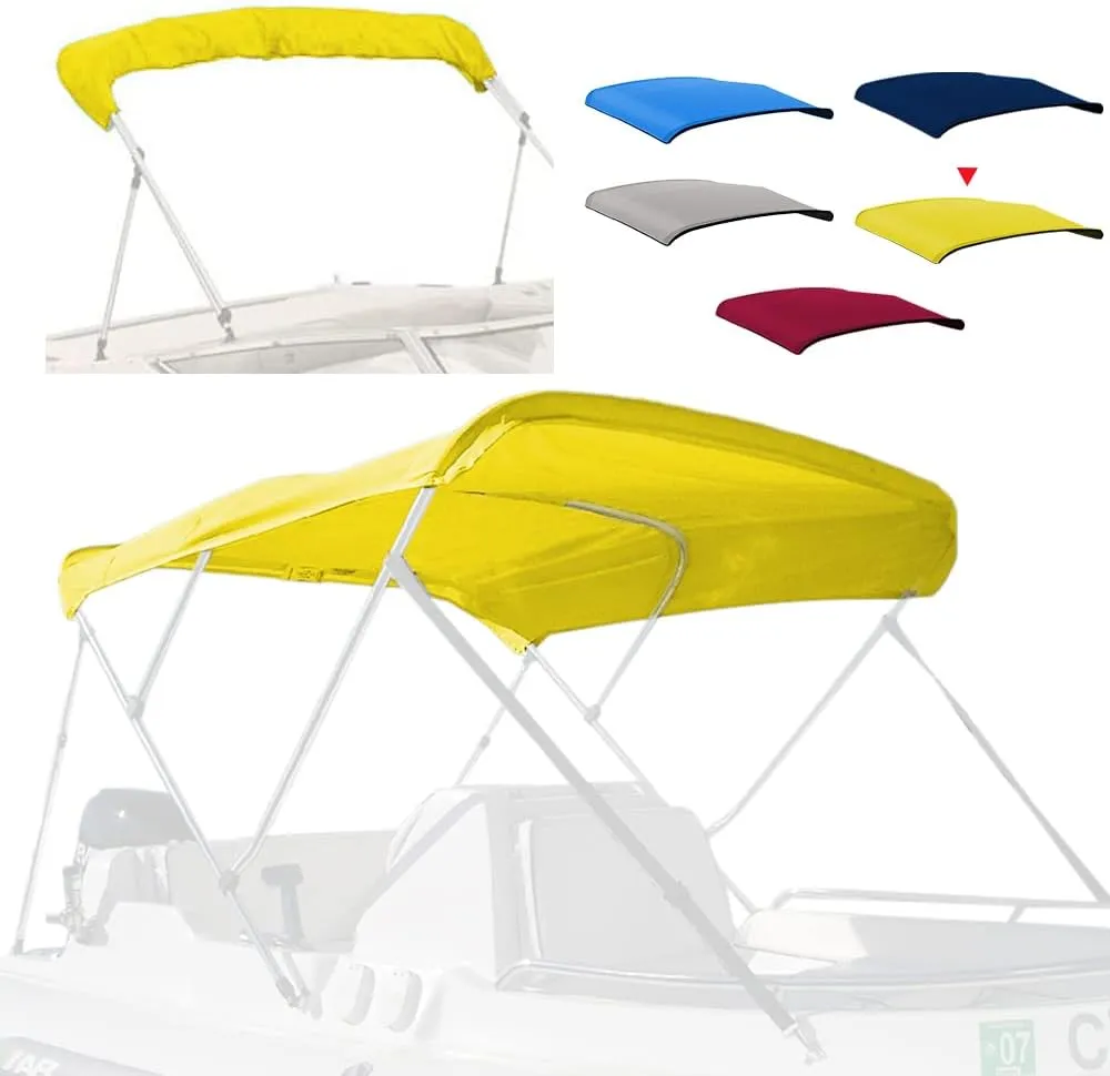 3 Bow Fade and Crack Resistant Bimini Top Replacement Cover，600D Marine Grade Polyester Waterproof Sun Shade Boat Canopy，Easy Install Zipper Sleeves Boat Awning,Yellow 6'L 73"-78" W