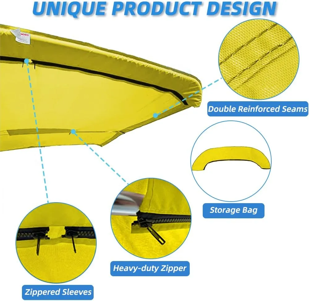3 Bow Fade and Crack Resistant Bimini Top Replacement Cover，600D Marine Grade Polyester Waterproof Sun Shade Boat Canopy，Easy Install Zipper Sleeves Boat Awning,Yellow 6'L 73"-78" W
