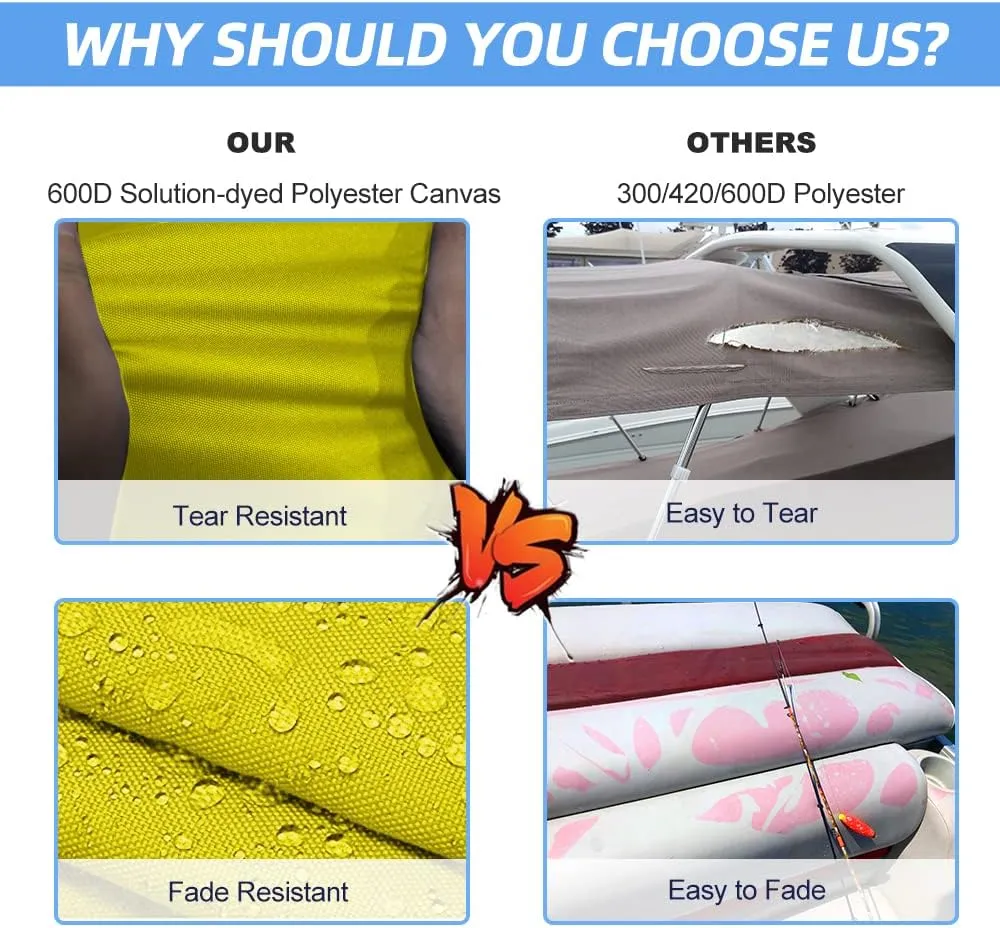 3 Bow Fade and Crack Resistant Bimini Top Replacement Cover，600D Marine Grade Polyester Waterproof Sun Shade Boat Canopy，Easy Install Zipper Sleeves Boat Awning,Yellow 6'L 73"-78" W