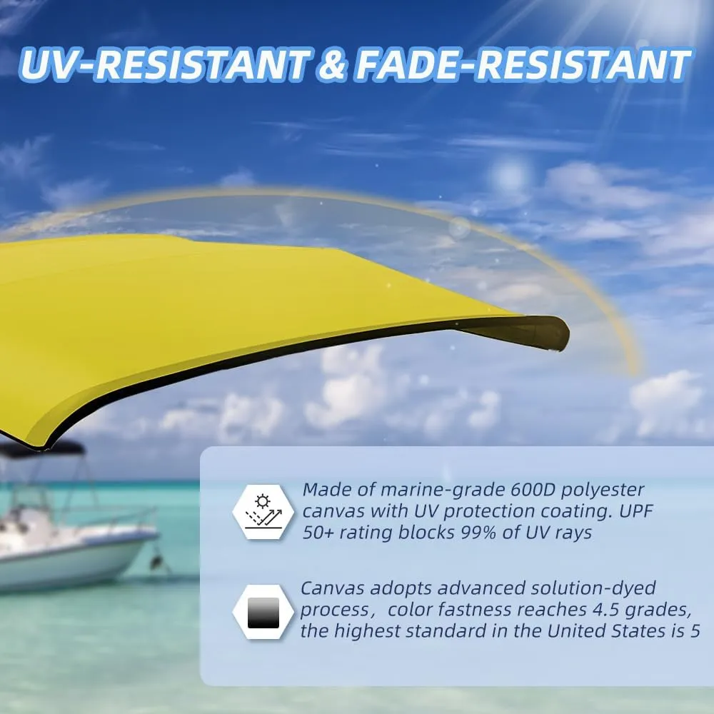 3 Bow Fade and Crack Resistant Bimini Top Replacement Cover，600D Marine Grade Polyester Waterproof Sun Shade Boat Canopy，Easy Install Zipper Sleeves Boat Awning,Yellow 6'L 73"-78" W