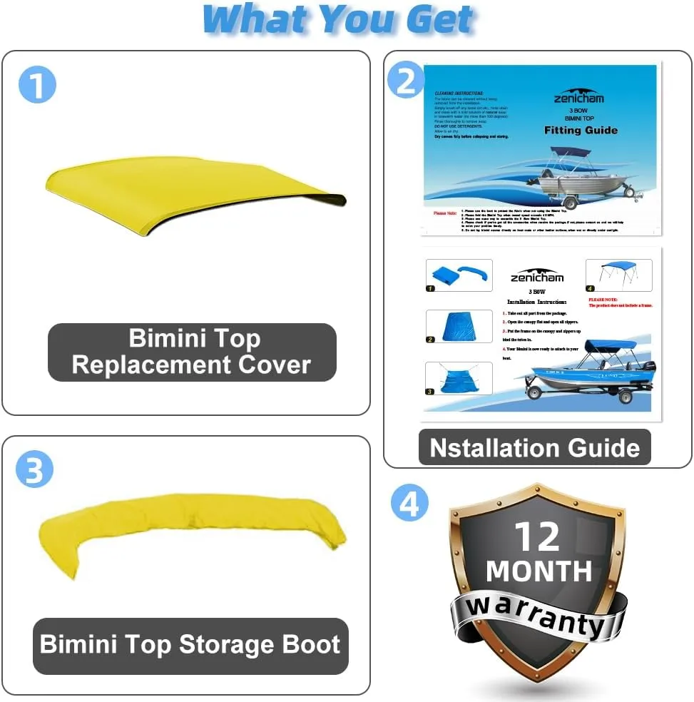 3 Bow Fade and Crack Resistant Bimini Top Replacement Cover，600D Marine Grade Polyester Waterproof Sun Shade Boat Canopy，Easy Install Zipper Sleeves Boat Awning,Yellow 6'L 73"-78" W