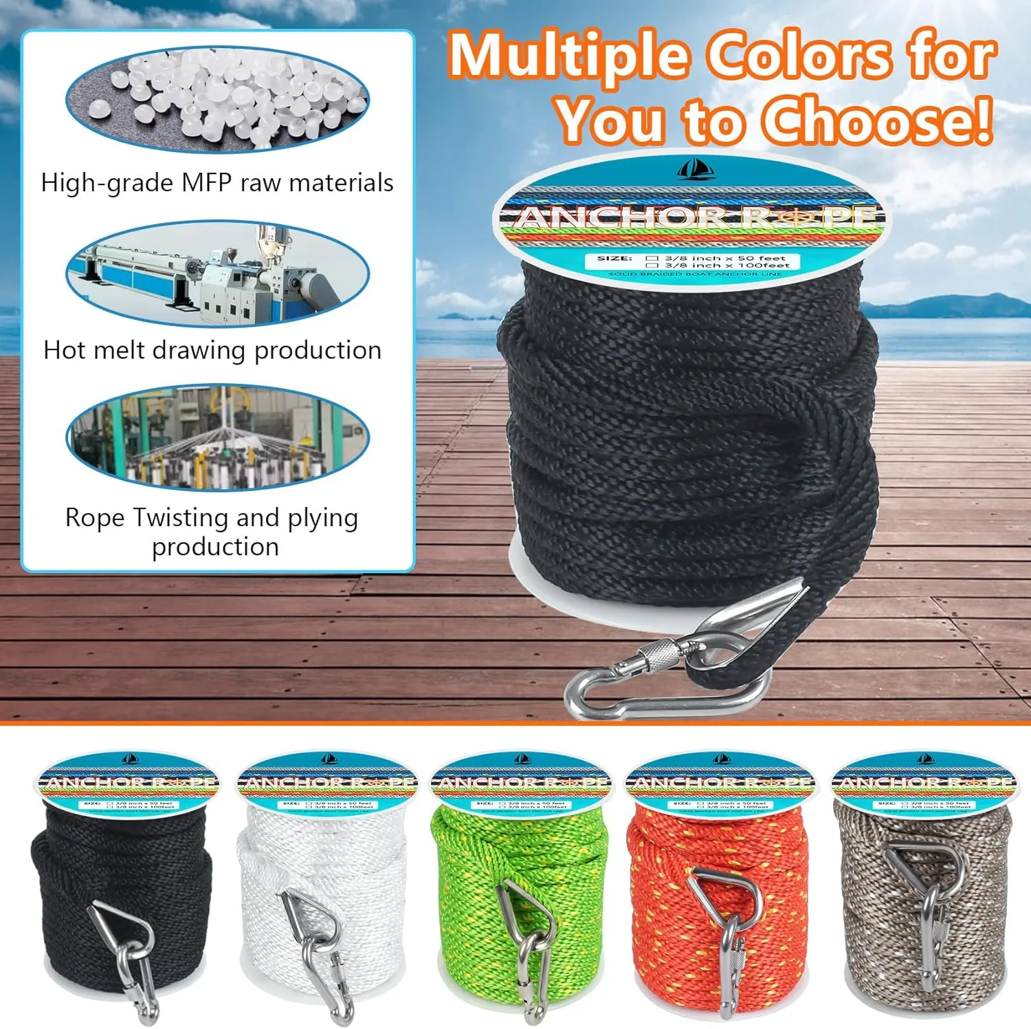 3/8 Inch 50 FT Anchor Rope, Boat Anchor Rope Solid Braid MFP, Anchor Line with 316 Stainless Steel Thimble and Snap Hook - Black