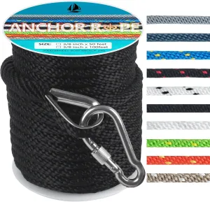 3/8 Inch 50 FT Anchor Rope, Boat Anchor Rope Solid Braid MFP, Anchor Line with 316 Stainless Steel Thimble and Snap Hook - Black