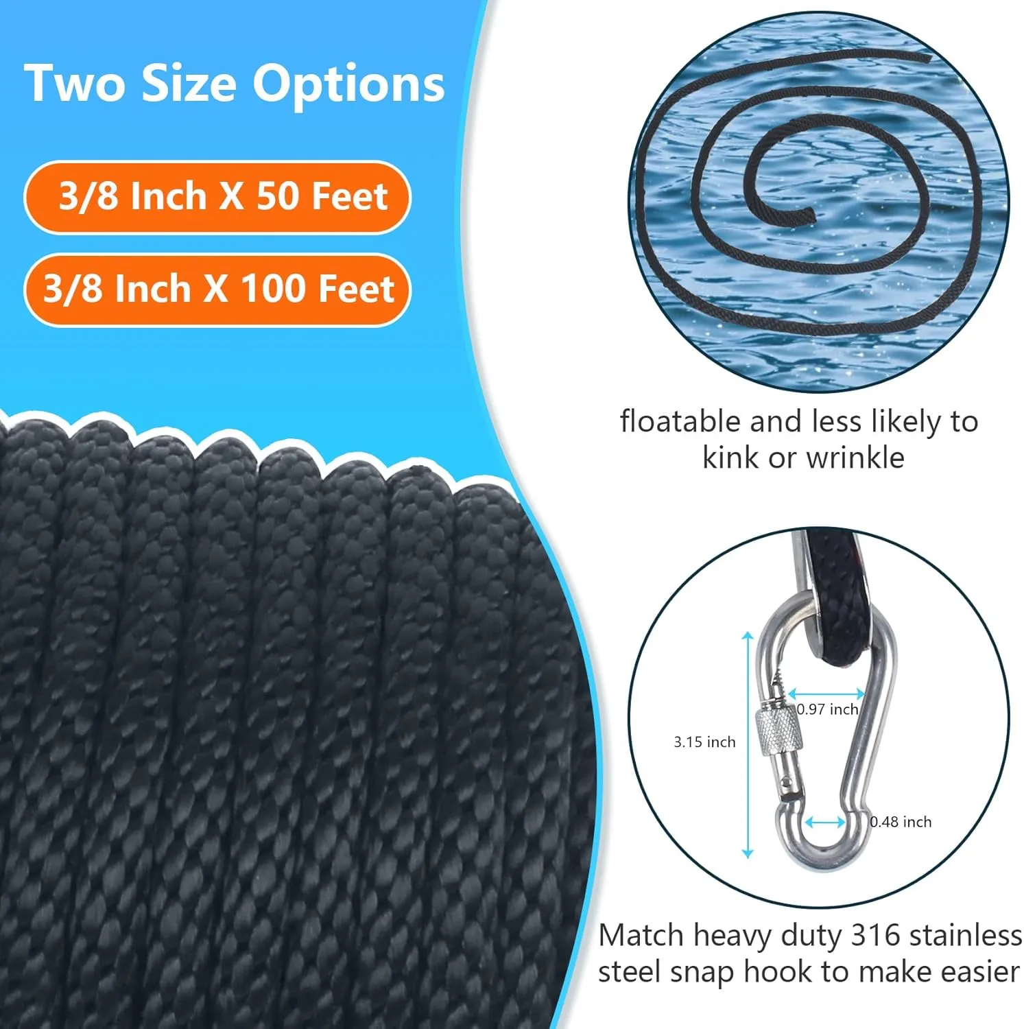 3/8 Inch 50 FT Anchor Rope, Boat Anchor Rope Solid Braid MFP, Anchor Line with 316 Stainless Steel Thimble and Snap Hook - Black