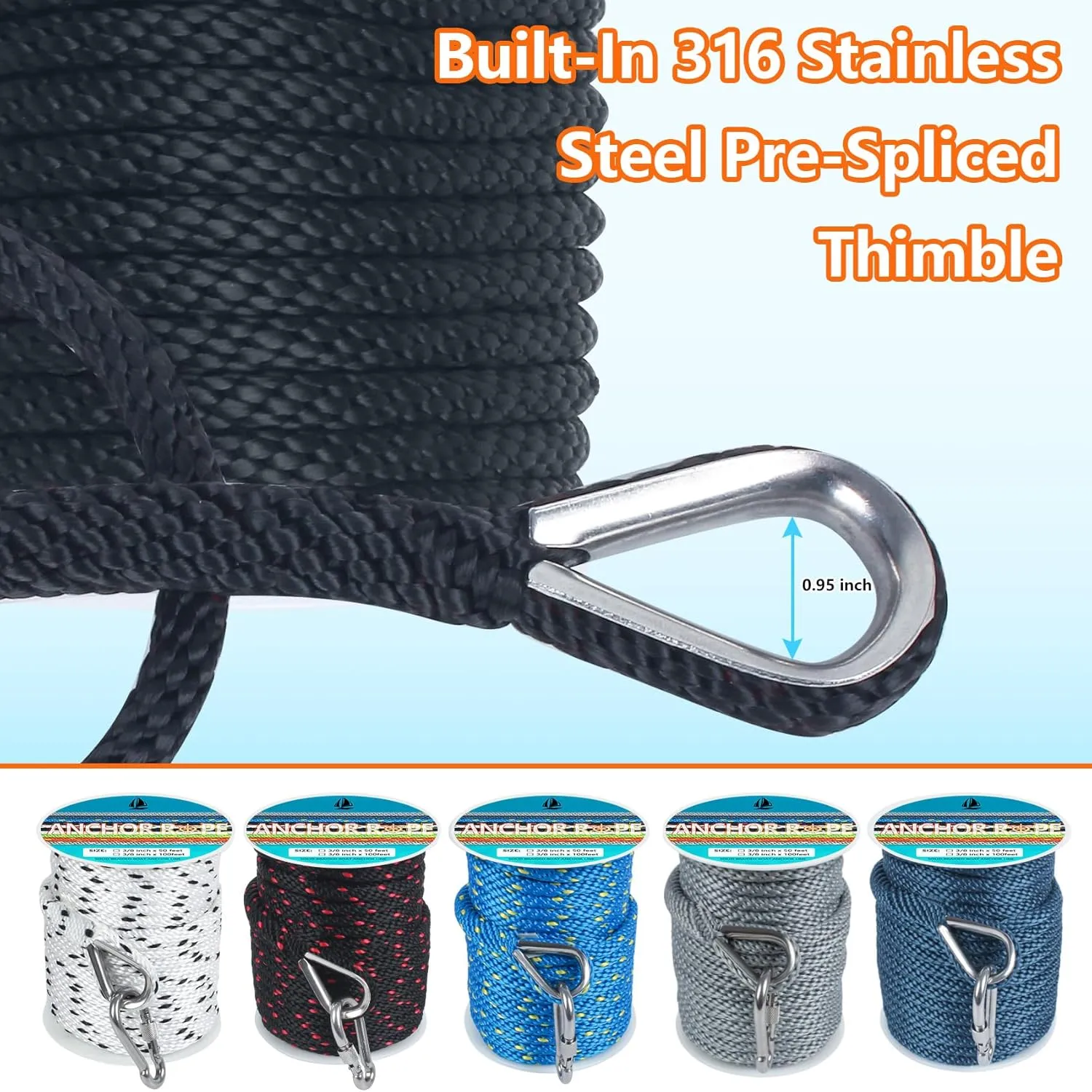 3/8 Inch 50 FT Anchor Rope, Boat Anchor Rope Solid Braid MFP, Anchor Line with 316 Stainless Steel Thimble and Snap Hook - Black