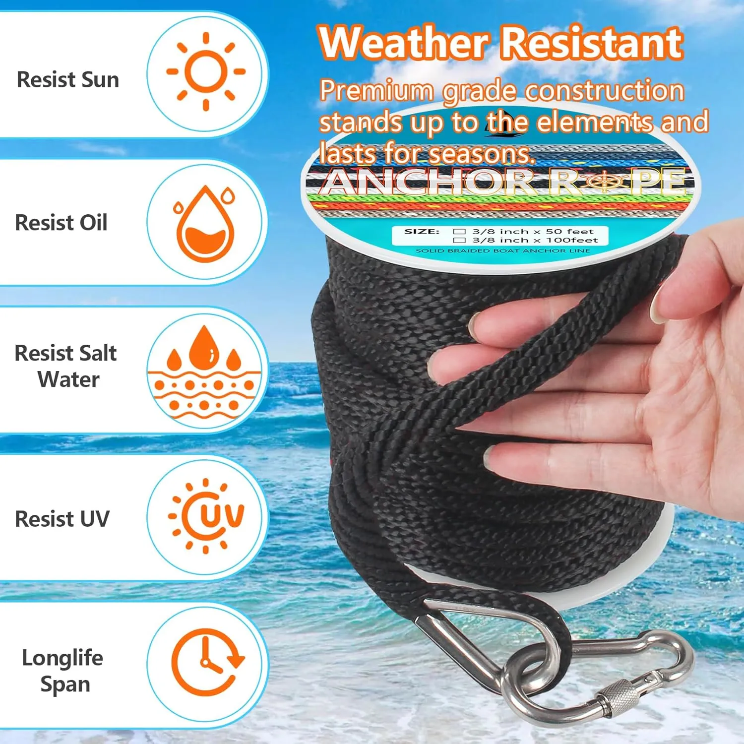 3/8 Inch 50 FT Anchor Rope, Boat Anchor Rope Solid Braid MFP, Anchor Line with 316 Stainless Steel Thimble and Snap Hook - Black