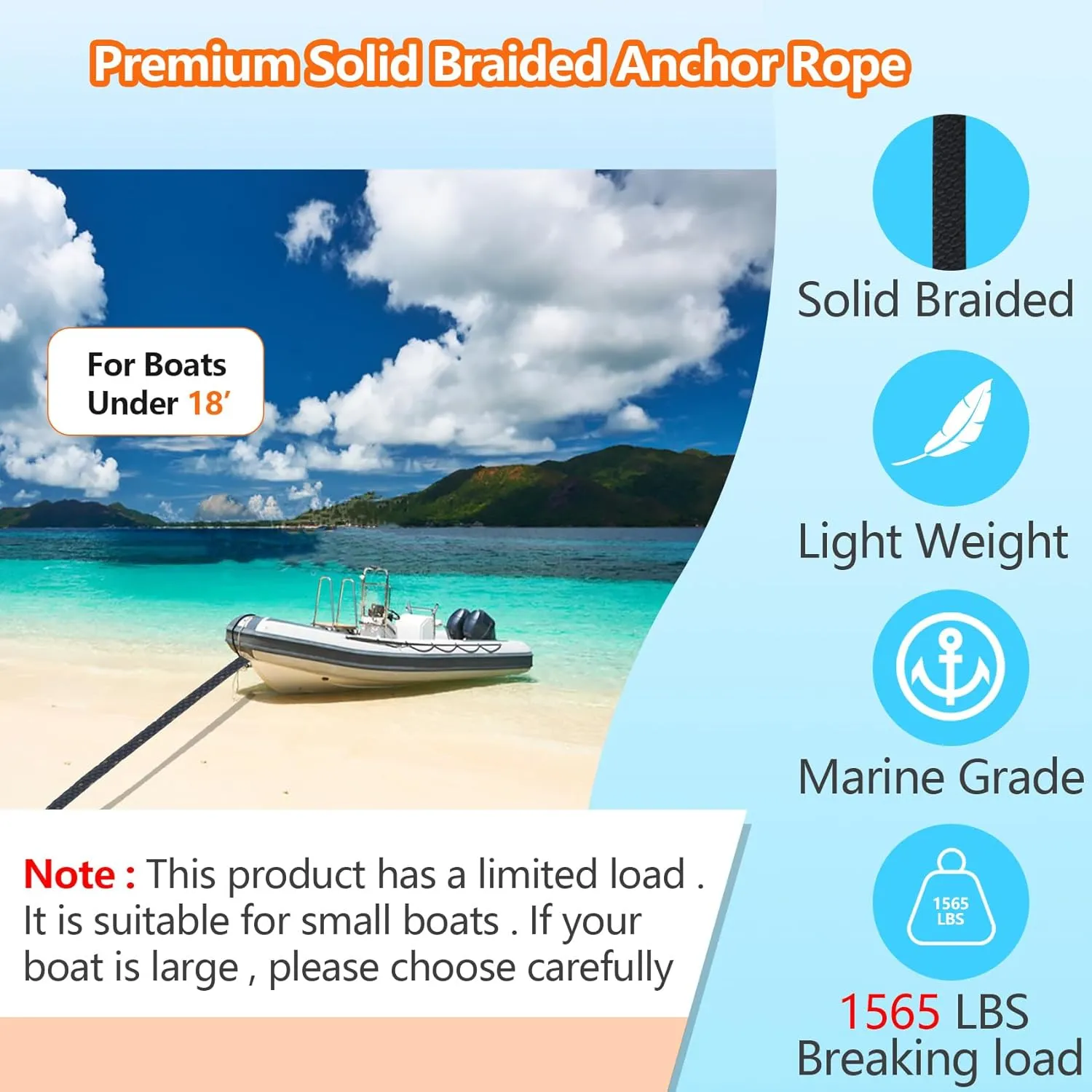 3/8 Inch 50 FT Anchor Rope, Boat Anchor Rope Solid Braid MFP, Anchor Line with 316 Stainless Steel Thimble and Snap Hook - Black