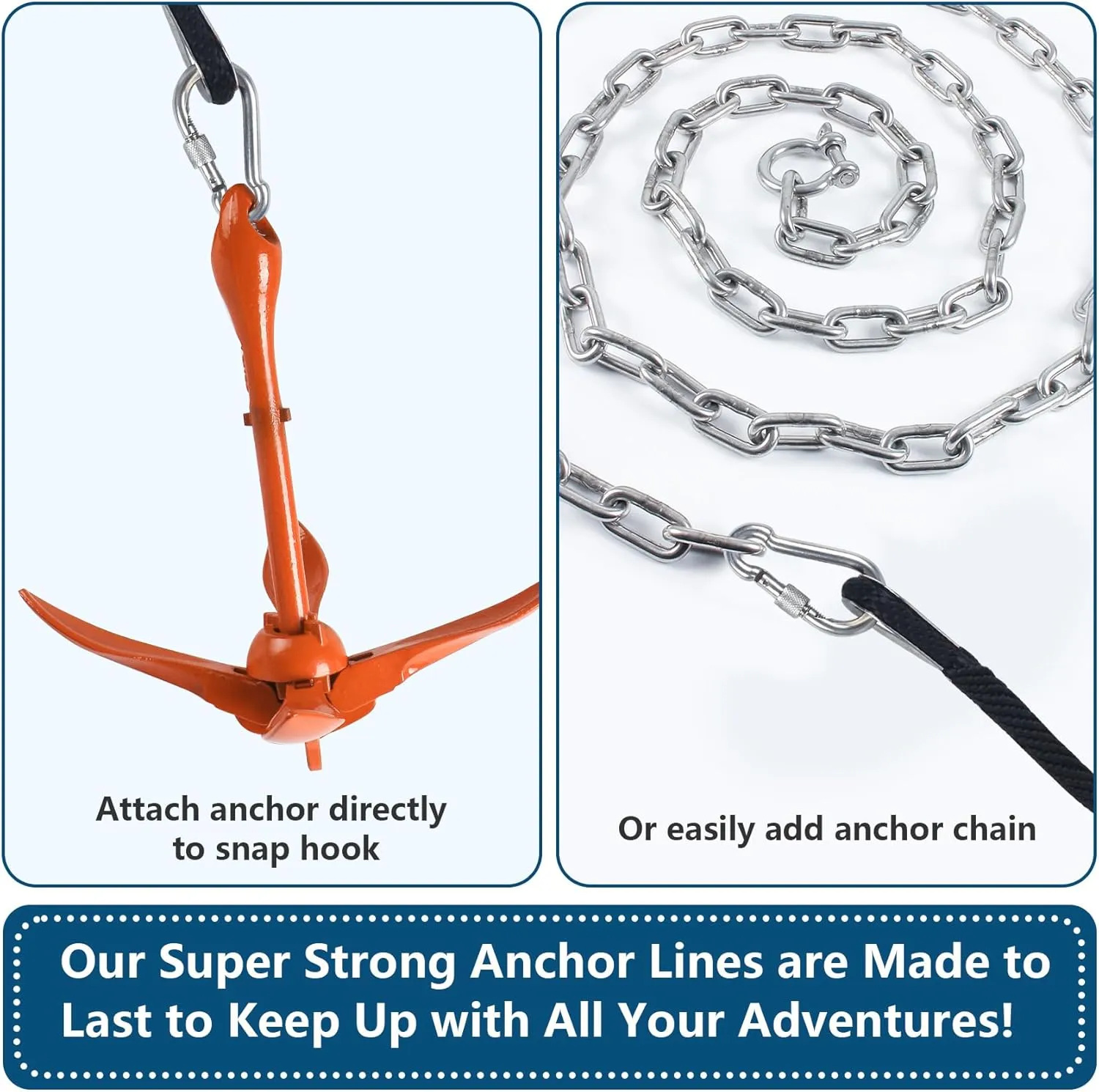 3/8 Inch 50 FT Anchor Rope, Boat Anchor Rope Solid Braid MFP, Anchor Line with 316 Stainless Steel Thimble and Snap Hook - Black