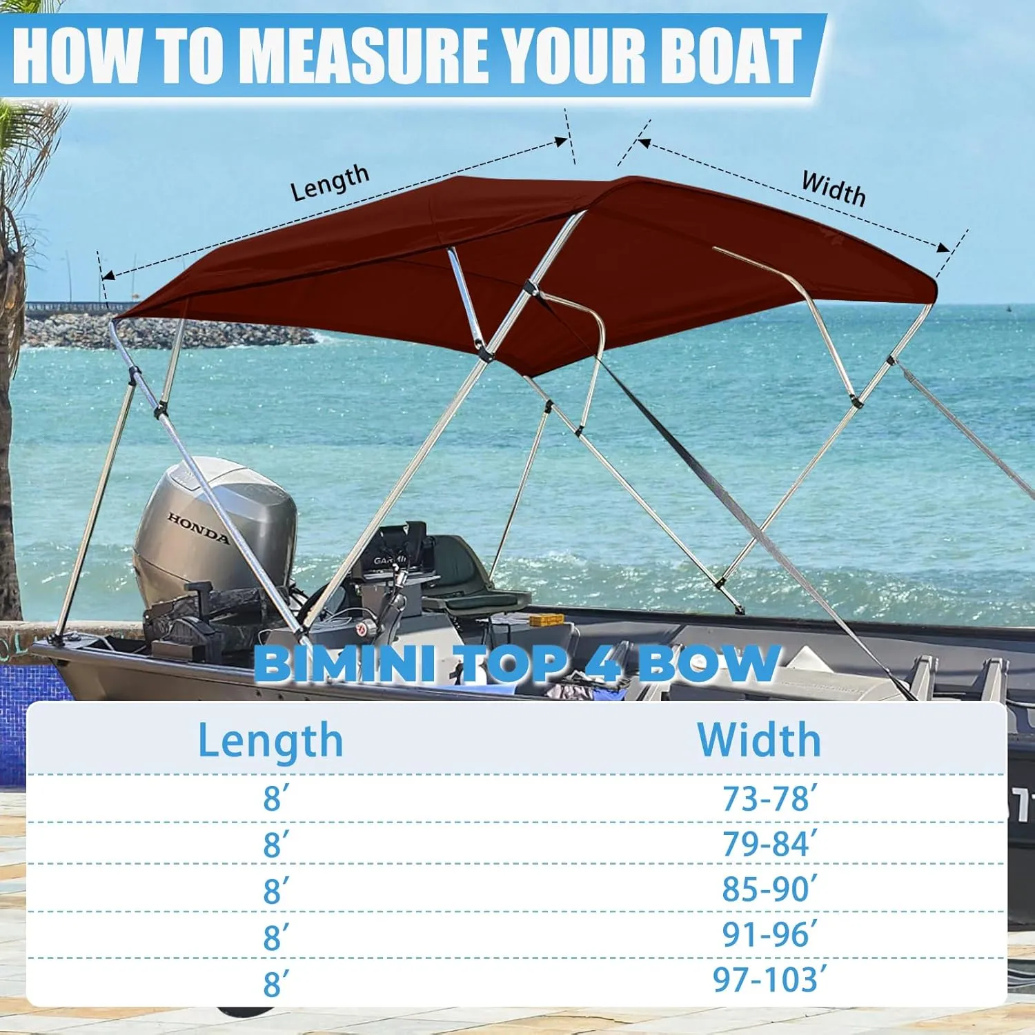 4 Bow Bimini Top Replacement Canvas with Stern Light Hole and Storage Boot, 900D Heavy Duty Waterproof Bimini Top Canvas Only Without Frame, 8'L 73"-78" W Burgundy
