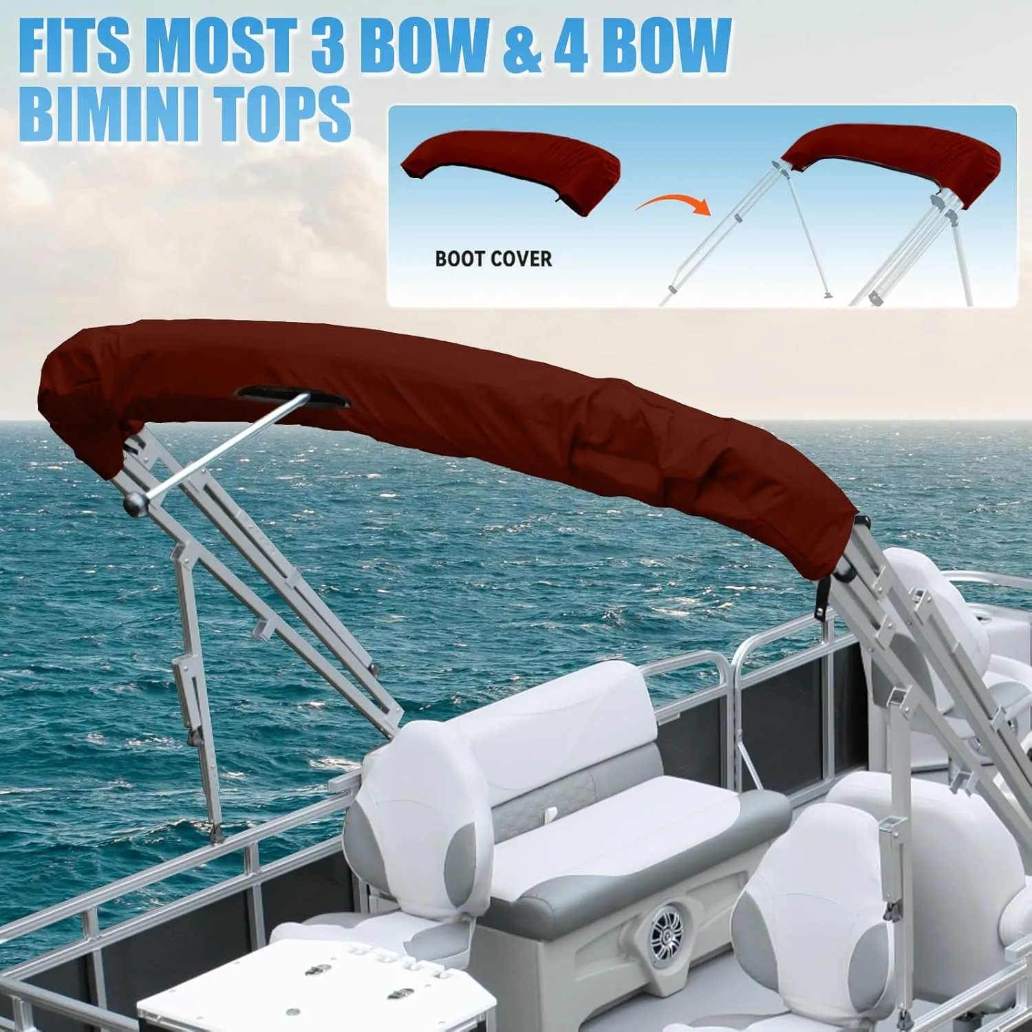 4 Bow Bimini Top Replacement Canvas with Stern Light Hole and Storage Boot, 900D Heavy Duty Waterproof Bimini Top Canvas Only Without Frame, 8'L 73"-78" W Burgundy