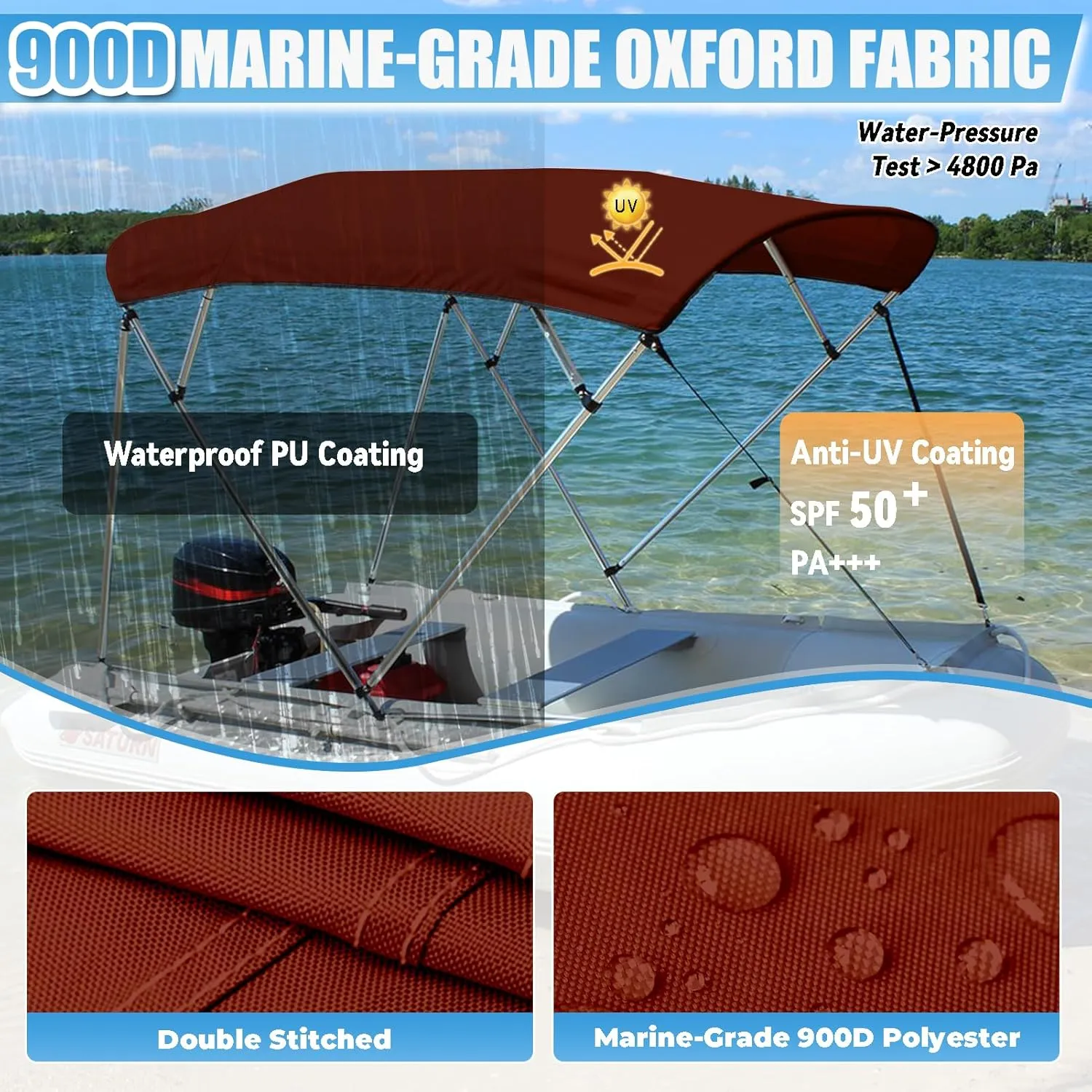 4 Bow Bimini Top Replacement Canvas with Stern Light Hole and Storage Boot, 900D Heavy Duty Waterproof Bimini Top Canvas Only Without Frame, 8'L 73"-78" W Burgundy