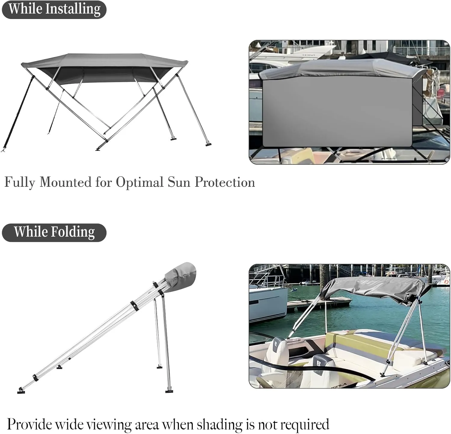 4 Bow Bimini Tops for Boat, 8' L x 54" H x 85"-90" W Boat Canopy with Zippered Side Curtains, Pu Coating Canvas, 1" Aluminum Frame, Include 2 Straps, 2 Stable Rear Support Pole, Gray