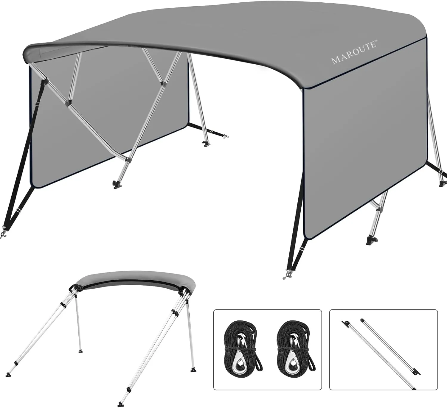 4 Bow Bimini Tops for Boat, 8' L x 54" H x 85"-90" W Boat Canopy with Zippered Side Curtains, Pu Coating Canvas, 1" Aluminum Frame, Include 2 Straps, 2 Stable Rear Support Pole, Gray