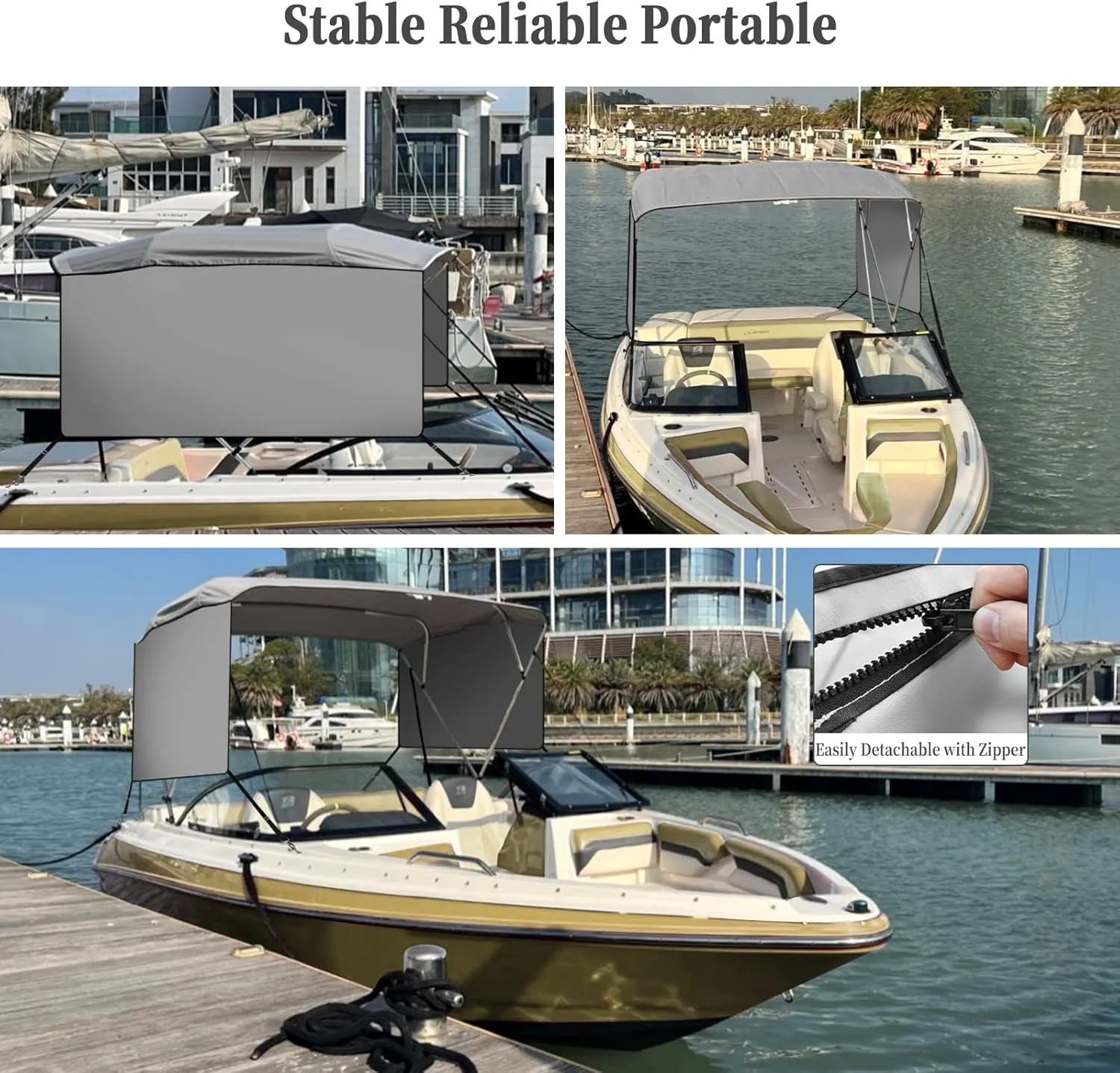 4 Bow Bimini Tops for Boat, 8' L x 54" H x 85"-90" W Boat Canopy with Zippered Side Curtains, Pu Coating Canvas, 1" Aluminum Frame, Include 2 Straps, 2 Stable Rear Support Pole, Gray
