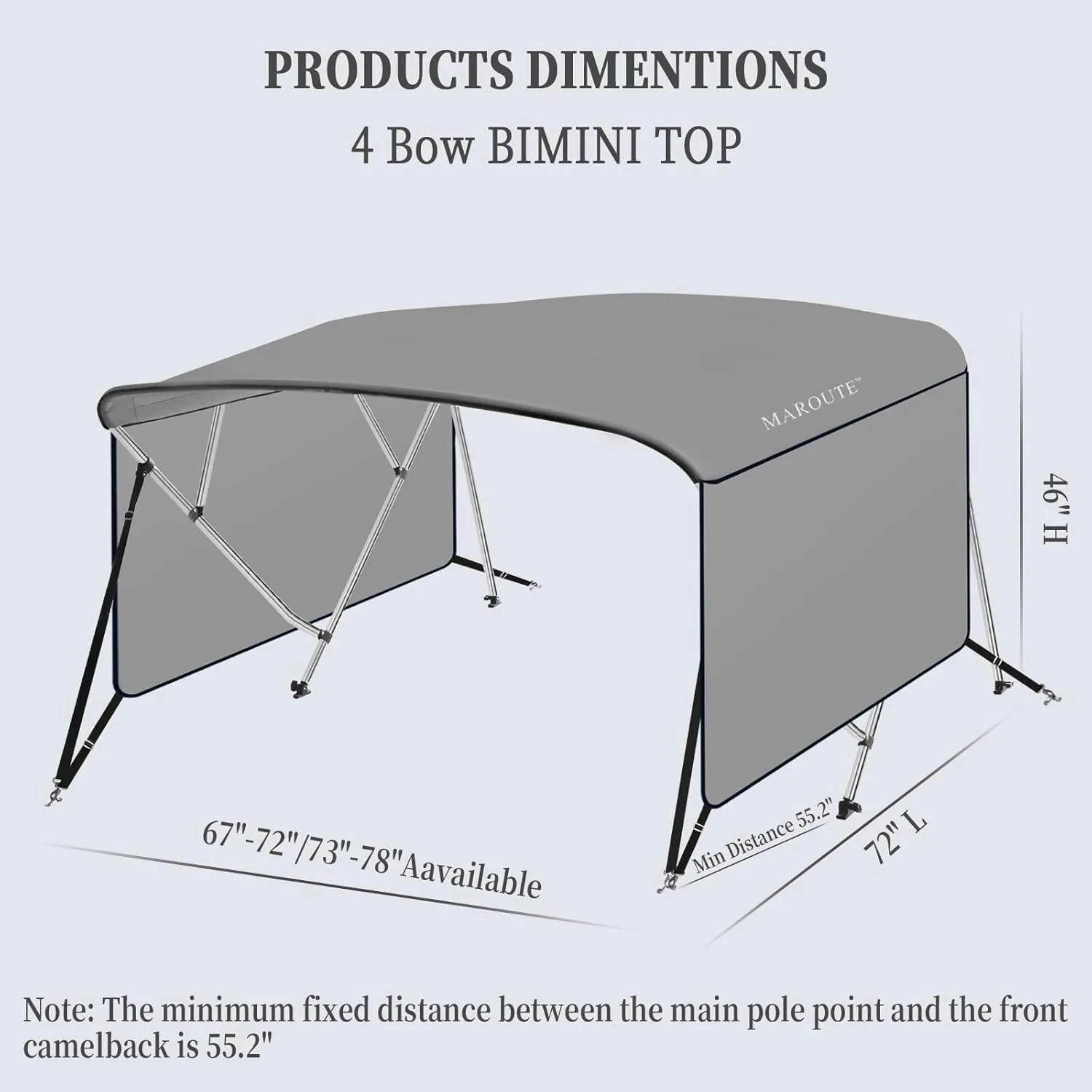 4 Bow Bimini Tops for Boat, 8' L x 54" H x 85"-90" W Boat Canopy with Zippered Side Curtains, Pu Coating Canvas, 1" Aluminum Frame, Include 2 Straps, 2 Stable Rear Support Pole, Gray