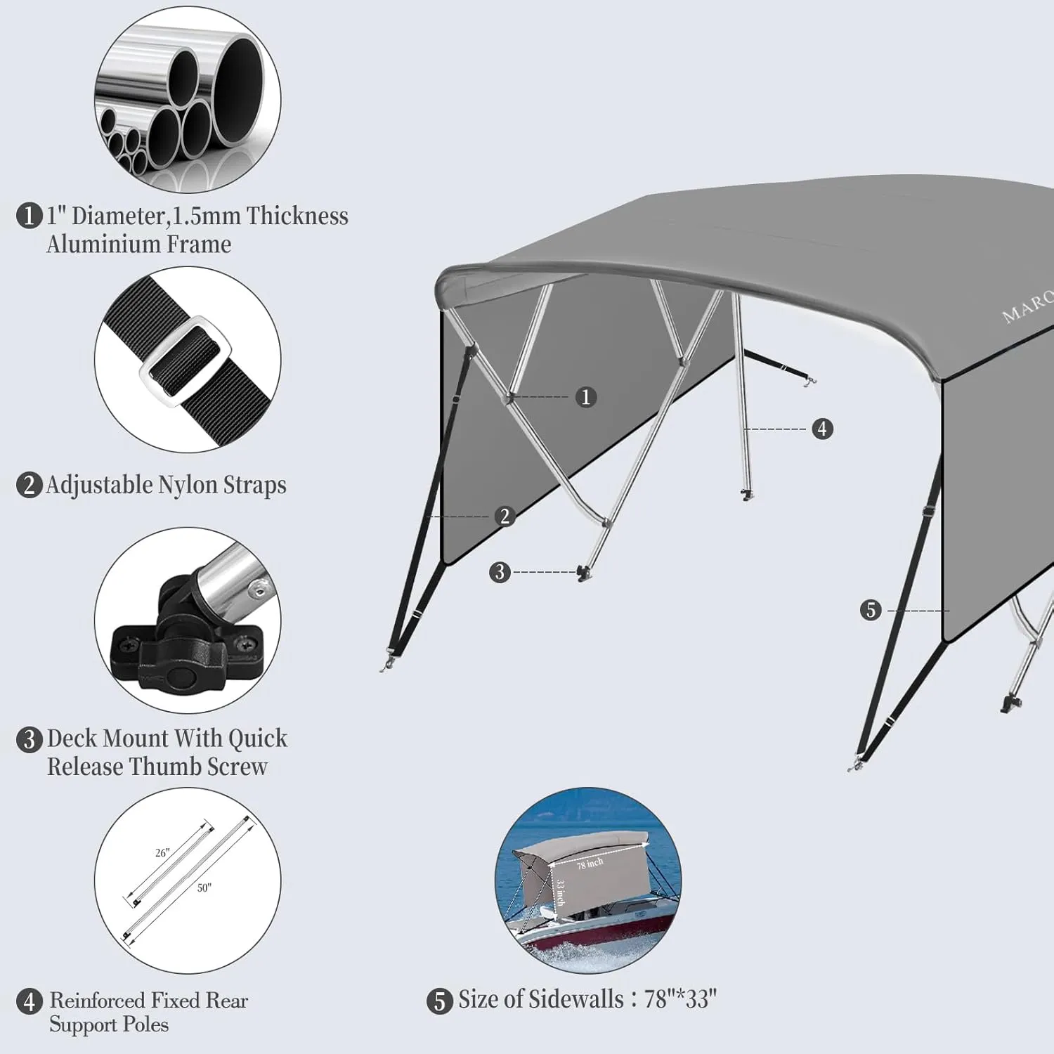 4 Bow Bimini Tops for Boat, 8' L x 54" H x 85"-90" W Boat Canopy with Zippered Side Curtains, Pu Coating Canvas, 1" Aluminum Frame, Include 2 Straps, 2 Stable Rear Support Pole, Gray