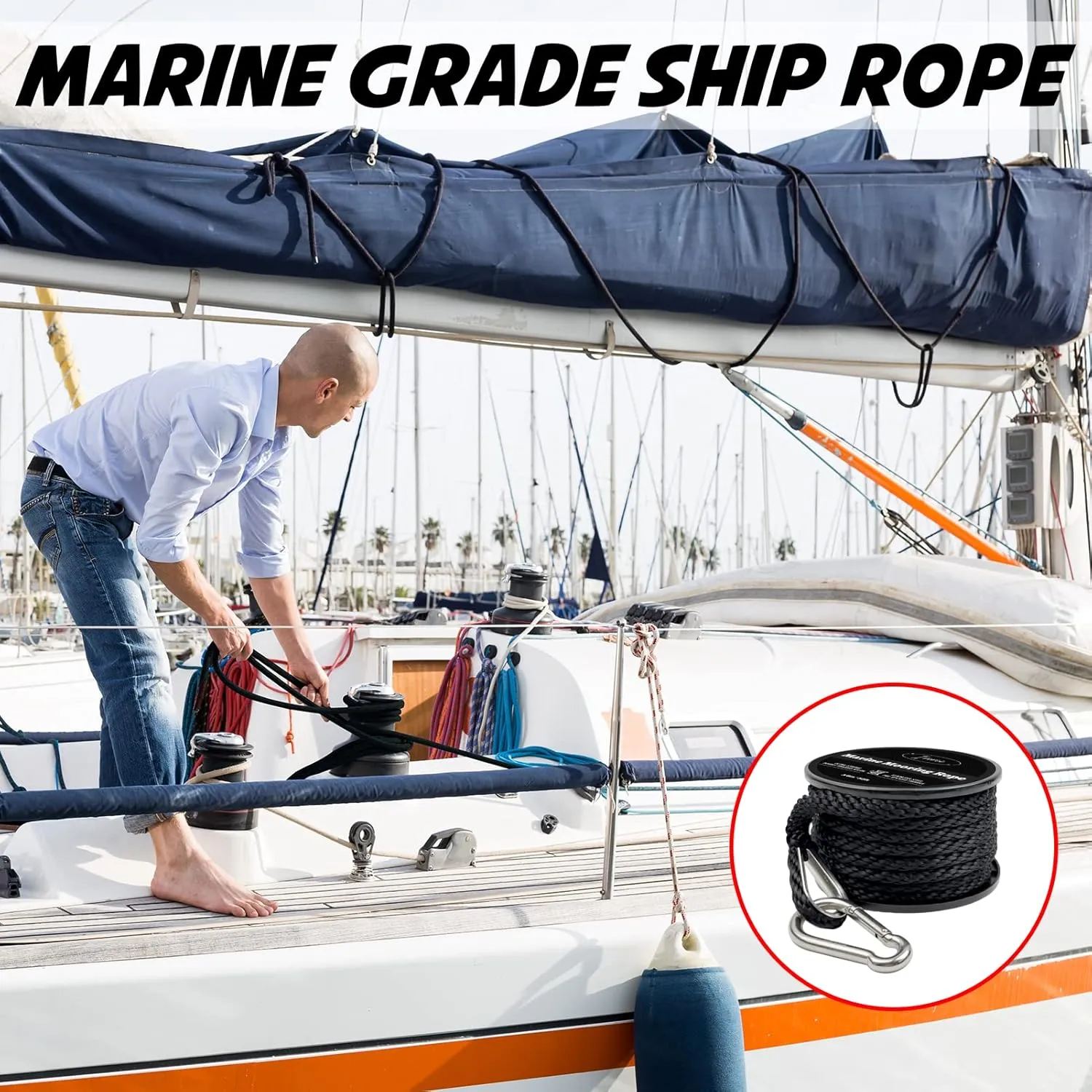 50 Feet Double Braided Nylon Boat Anchor Rope 3/8inch with 316 Stainless Steel Thimble and Heavy Duty Snap Hook Marine Grade Anchor line Black (Black, 50Feet)