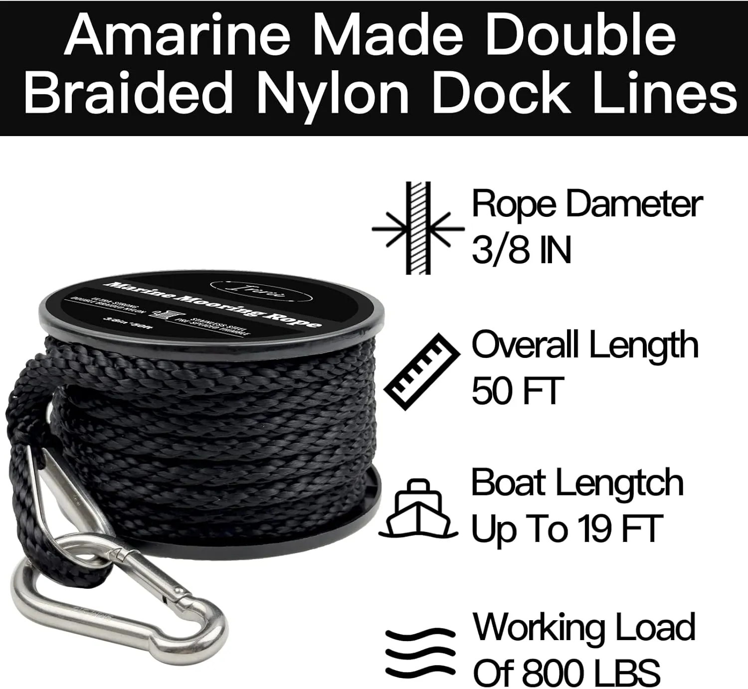 50 Feet Double Braided Nylon Boat Anchor Rope 3/8inch with 316 Stainless Steel Thimble and Heavy Duty Snap Hook Marine Grade Anchor line Black (Black, 50Feet)