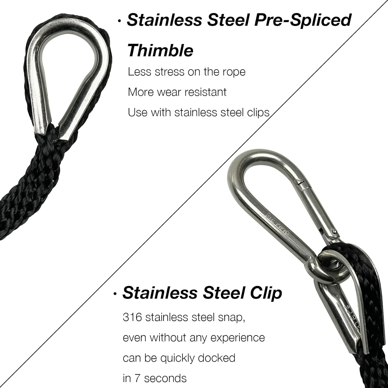 50 Feet Double Braided Nylon Boat Anchor Rope 3/8inch with 316 Stainless Steel Thimble and Heavy Duty Snap Hook Marine Grade Anchor line Black (Black, 50Feet)