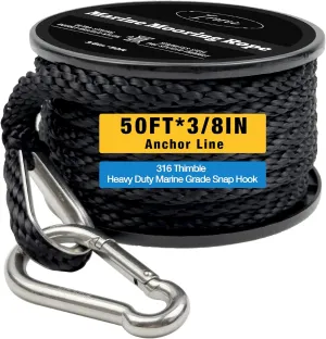 50 Feet Double Braided Nylon Boat Anchor Rope 3/8inch with 316 Stainless Steel Thimble and Heavy Duty Snap Hook Marine Grade Anchor line Black (Black, 50Feet)