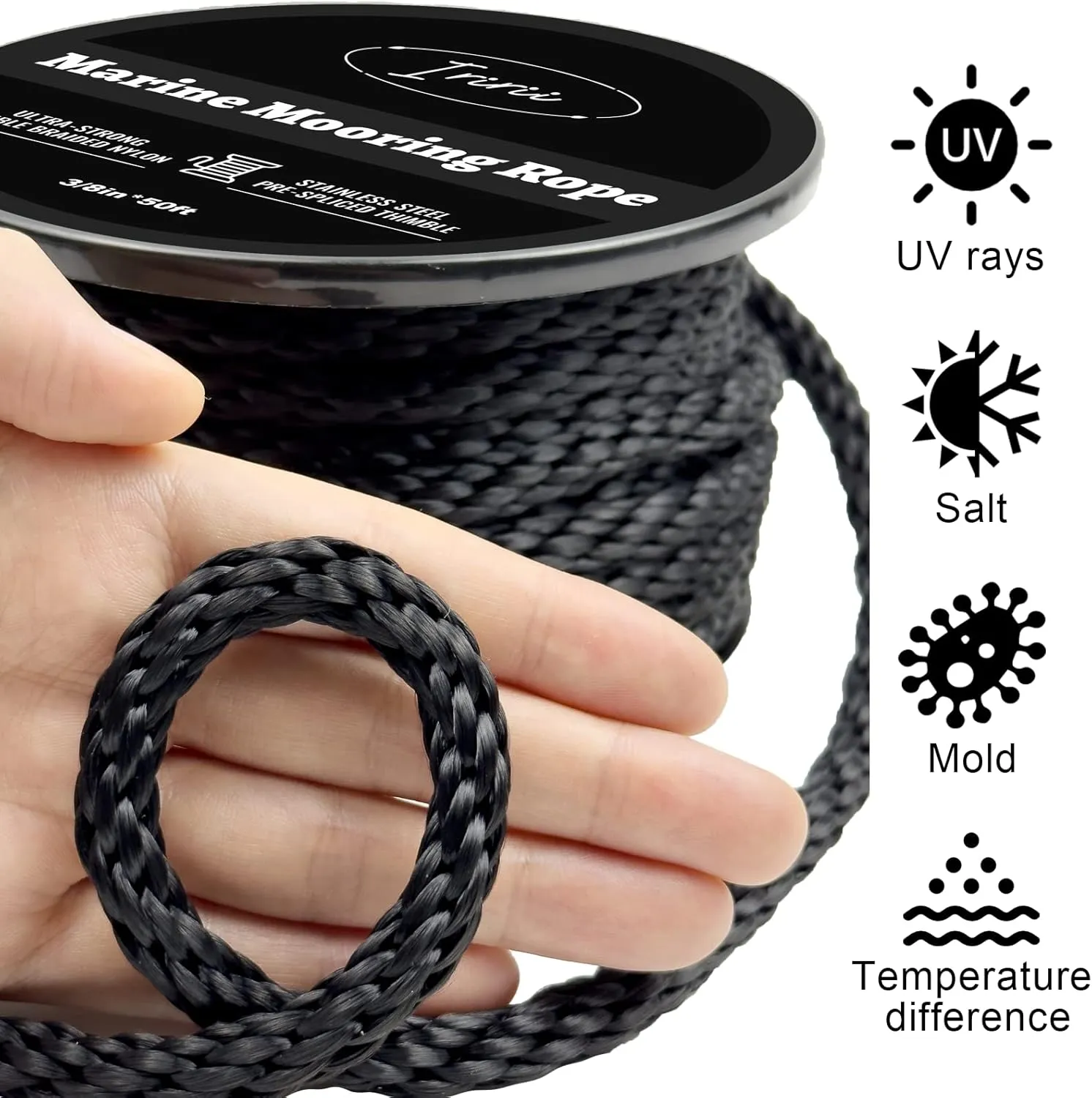 50 Feet Double Braided Nylon Boat Anchor Rope 3/8inch with 316 Stainless Steel Thimble and Heavy Duty Snap Hook Marine Grade Anchor line Black (Black, 50Feet)