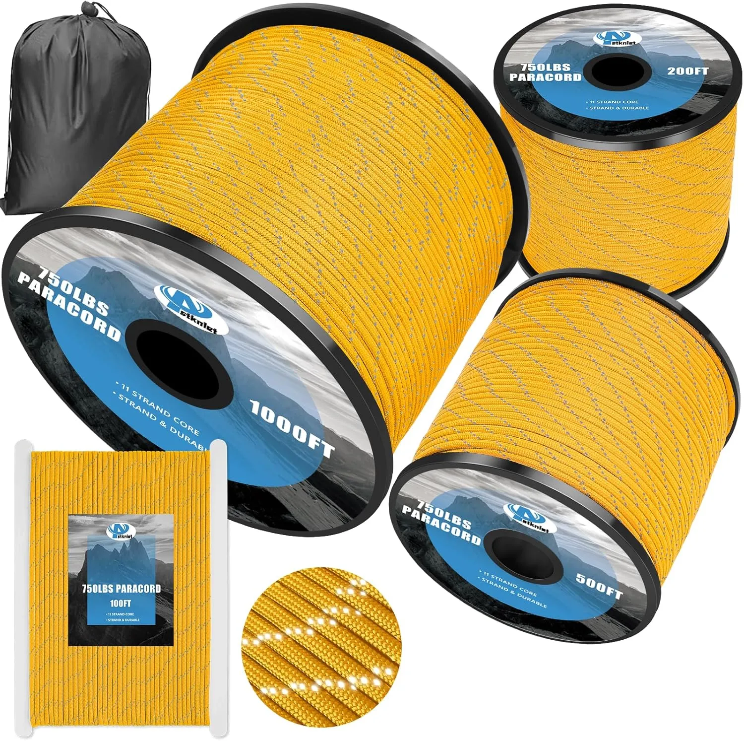 750Ib Reflective Paracord Rope,100' 200' 500' 1000', 4mm 11 Strand Parachute Spool Cord with Collecting Bag, para Cord Lanyard for Hammock, Camping